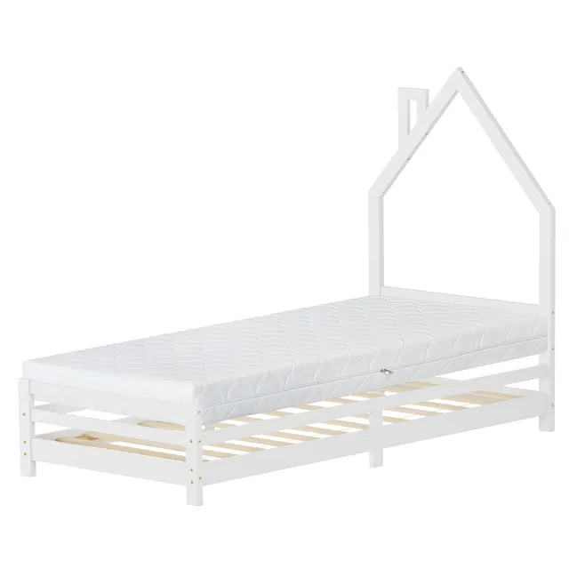 ECD Germany Kinder lit cabane pin 90x200cm avec sommier blanc