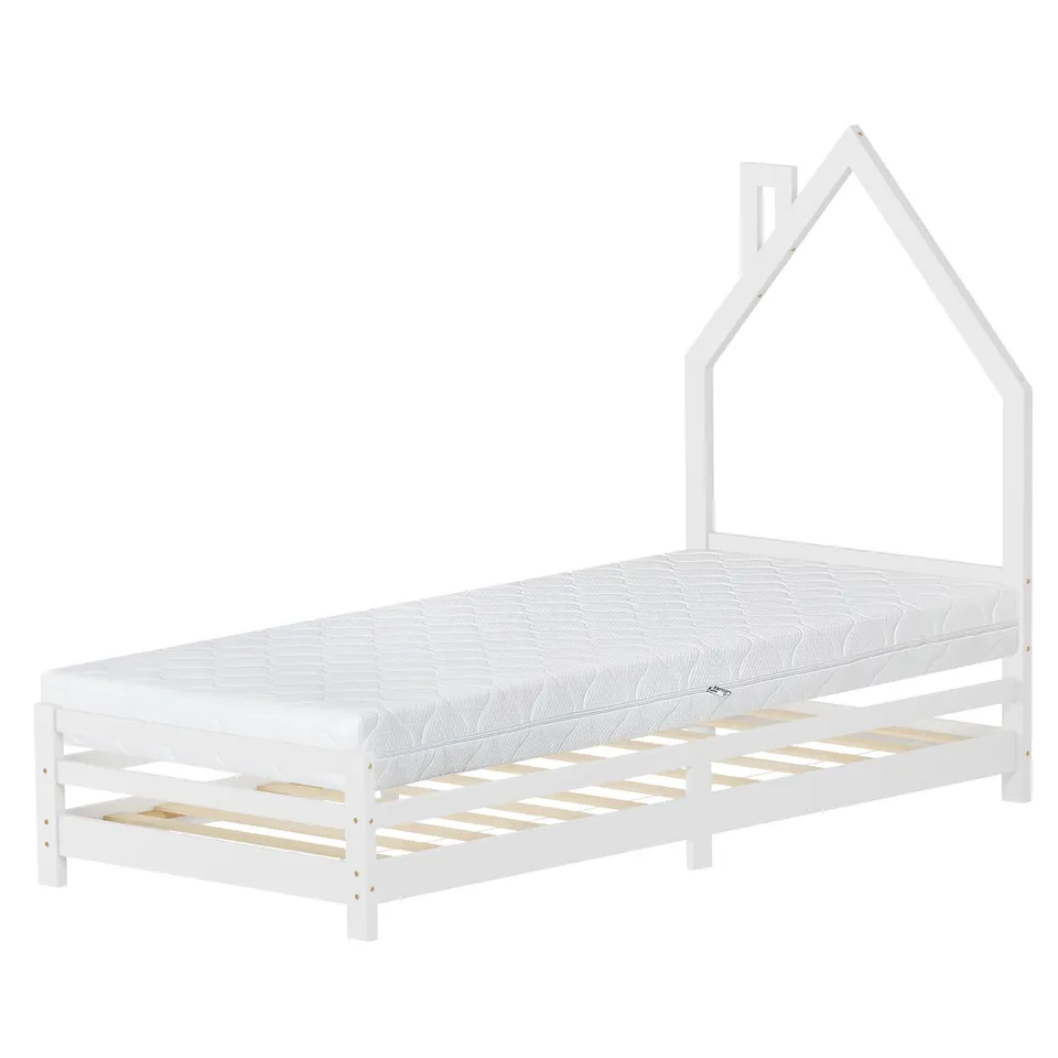 ECD Germany Kinder lit cabane pin 90x200cm avec sommier blanc