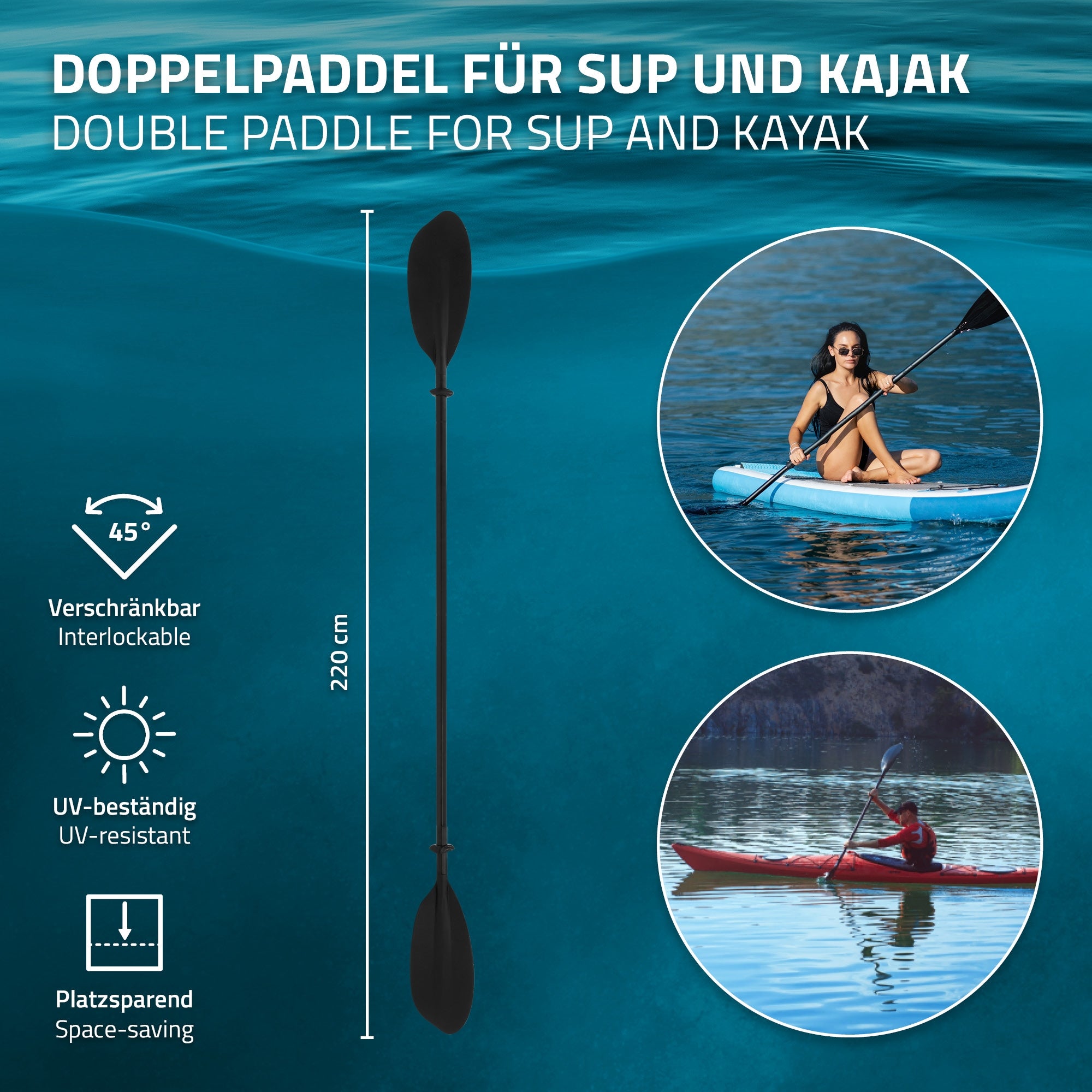 ECD Germany SUP pagaie kayak double 220cm noire alu 4 parties