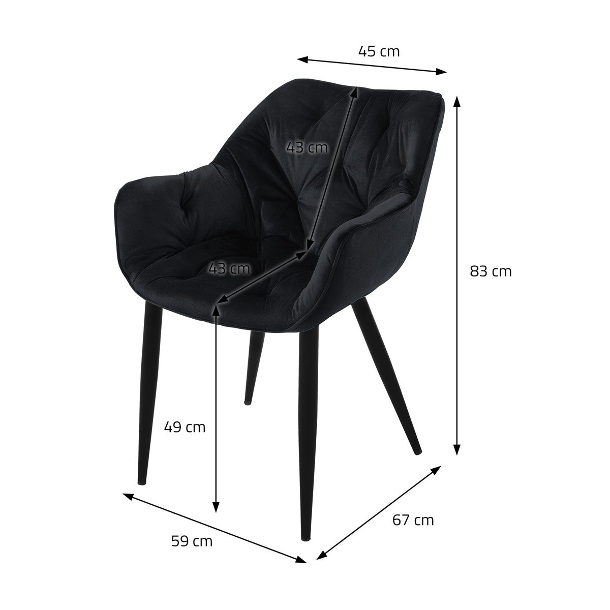 ECD Germany chaise salle à manger noire velours lot de 2
