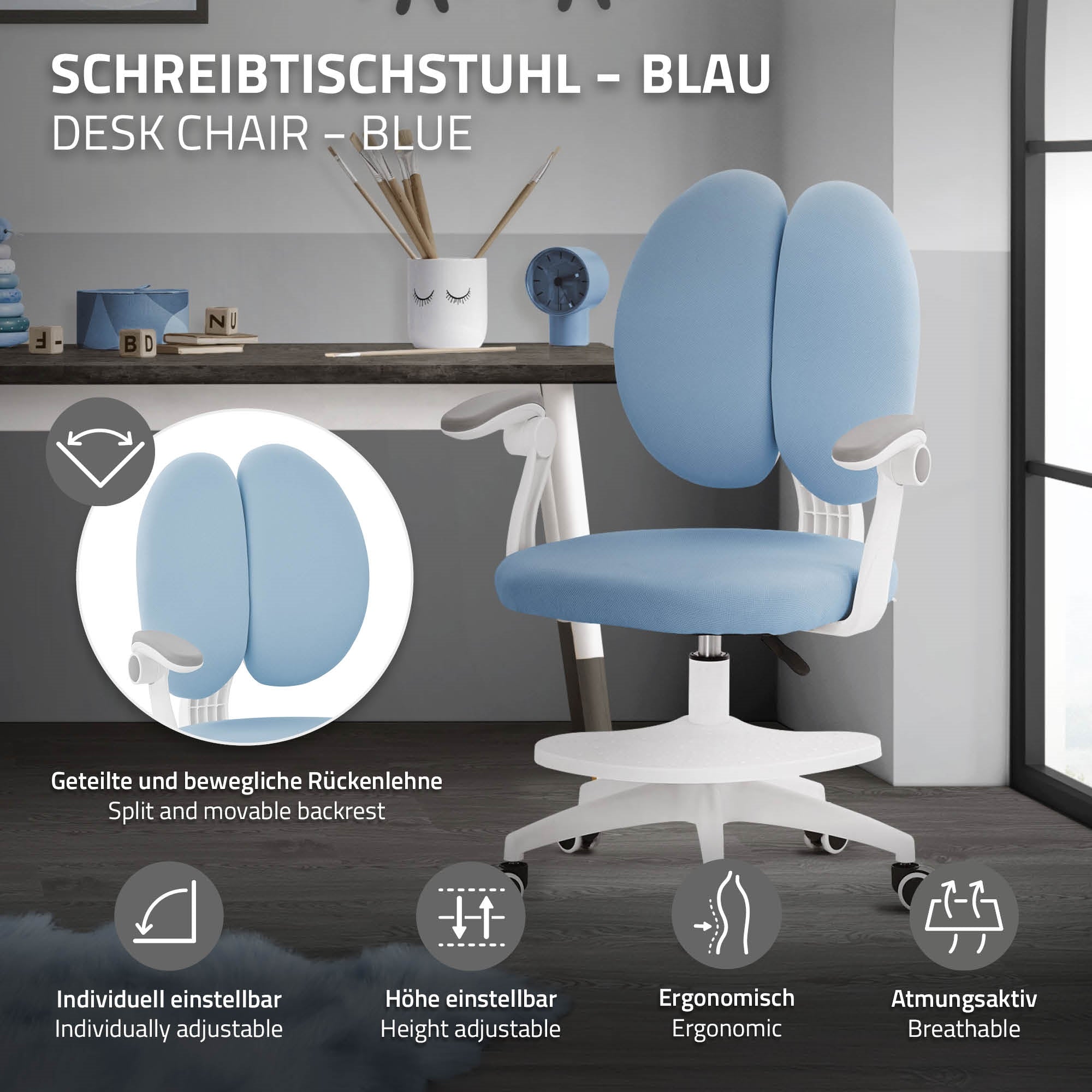 ECD Germany Kinder chaise bureau enfant bleue ergonomique 95 cm