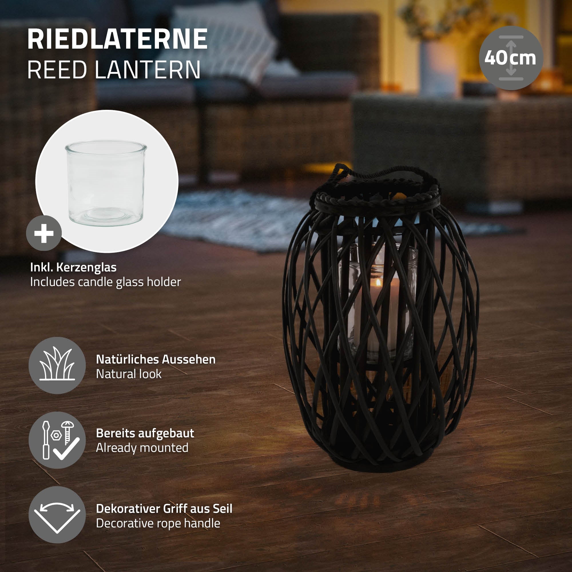 ECD Germany Garten Lanterne rotin noir 40 cm avec anse