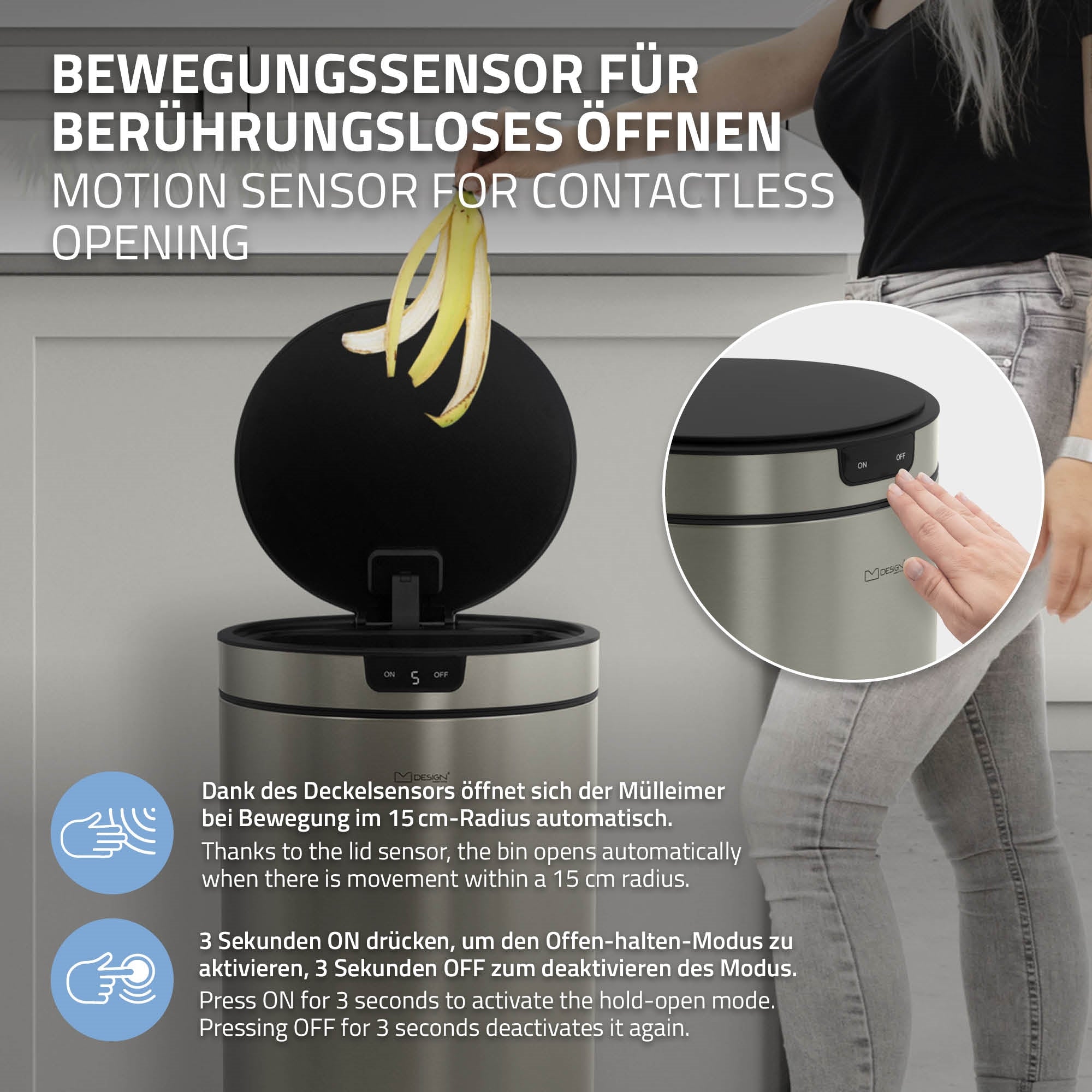 ECD Germany ML-Design poubelle capteur inox 30L noire