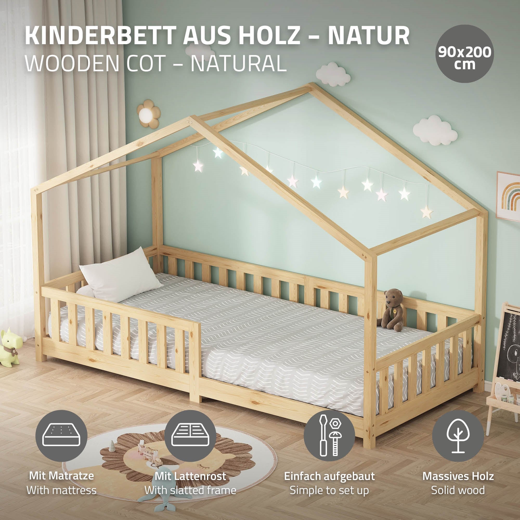 ECD Germany ML-Design lit cabane 90x200 naturel avec matelas