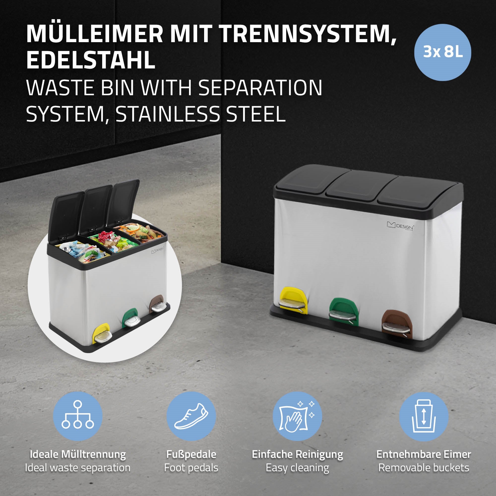 ECD Germany ML-Design poubelle tri 3x8L acier anthracite