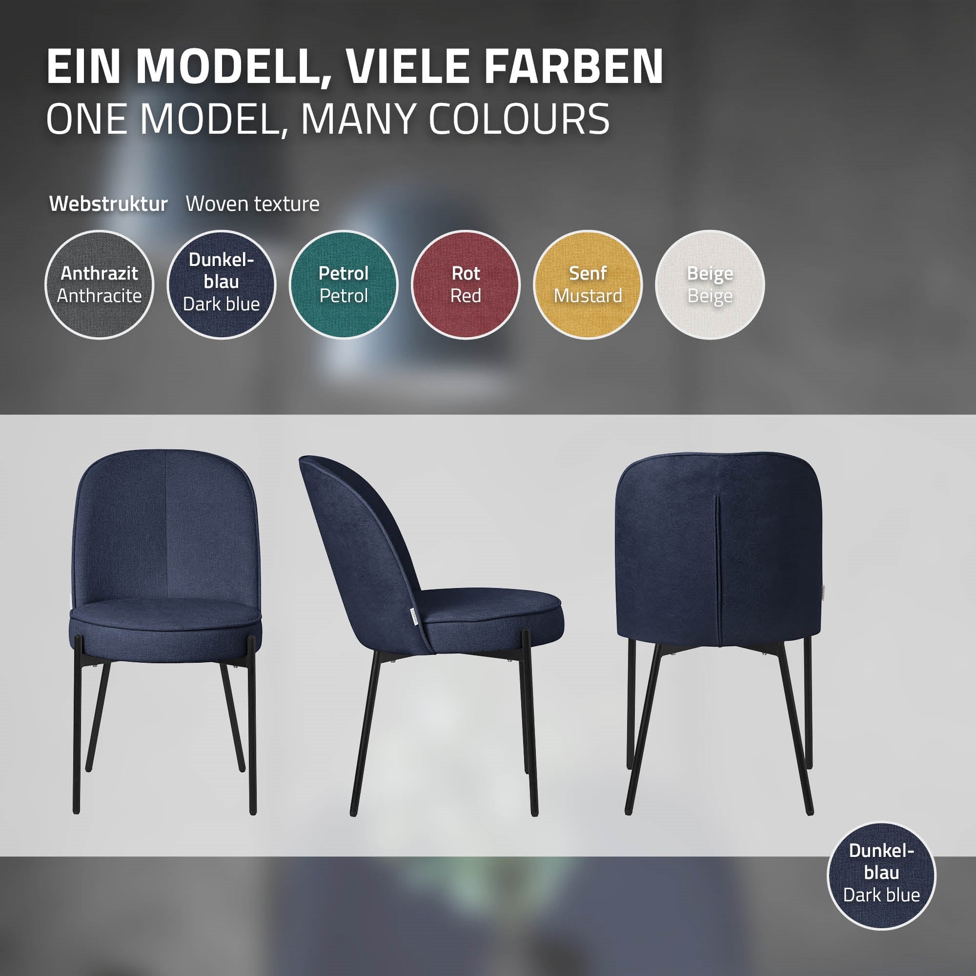 ECD Germany Möbel chaise salle à manger bleu foncé tissu lot de 2