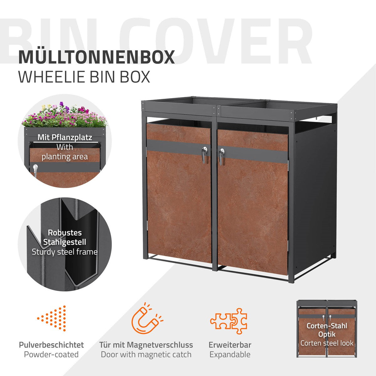 ECD Germany Garten cache-poubelle double 240L rouille 132x80x124 cm
