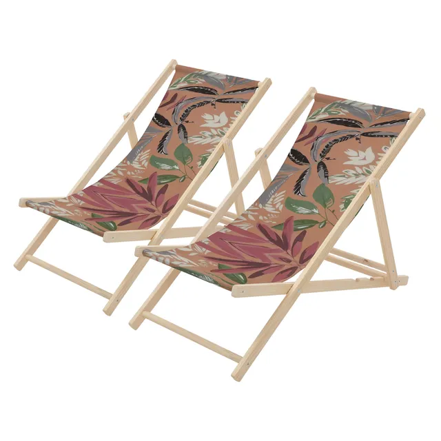 ML-Design lot 2 transats bois pliants floral marron rouge vert