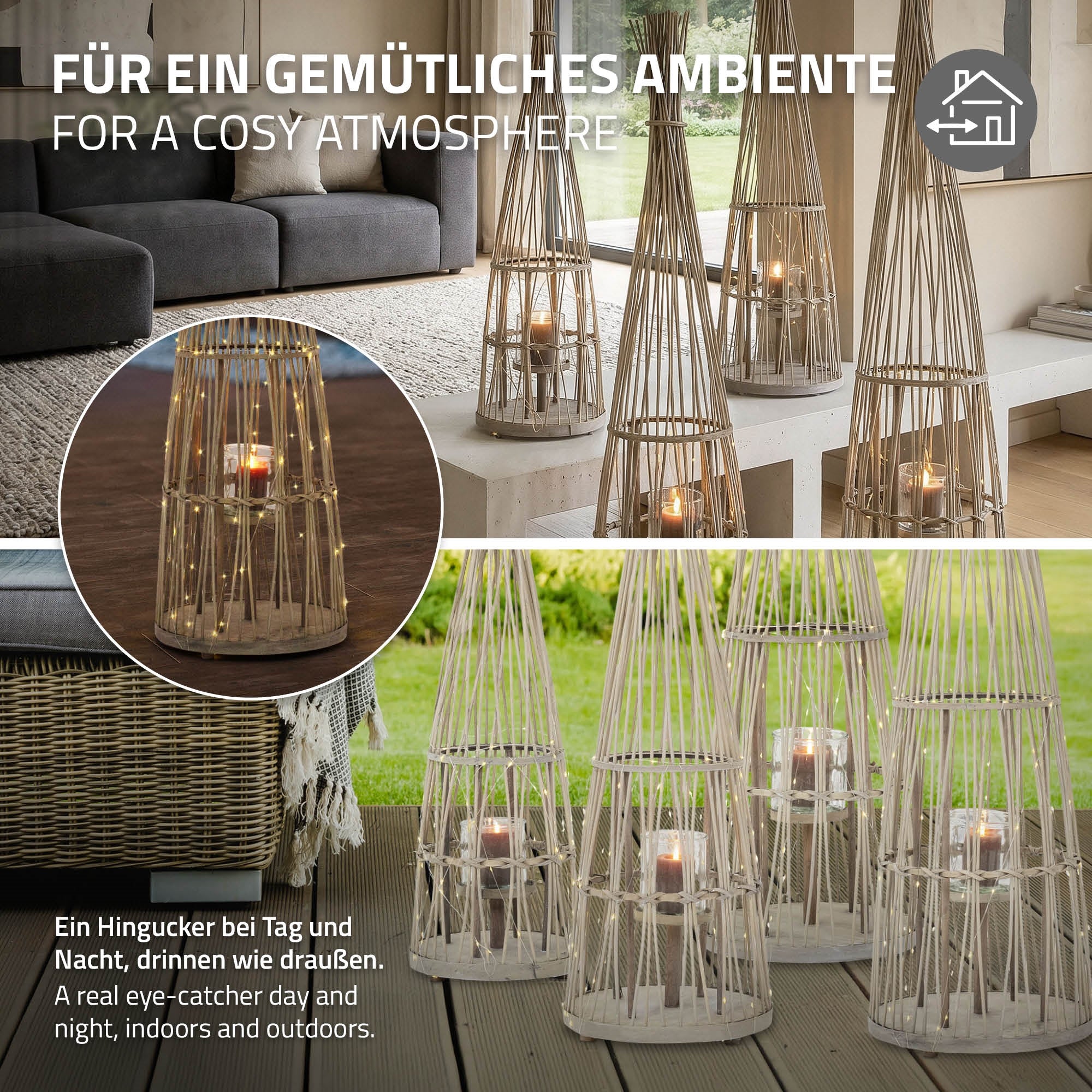 ECD Germany Garten lanterne bambou 150 cm bois LED