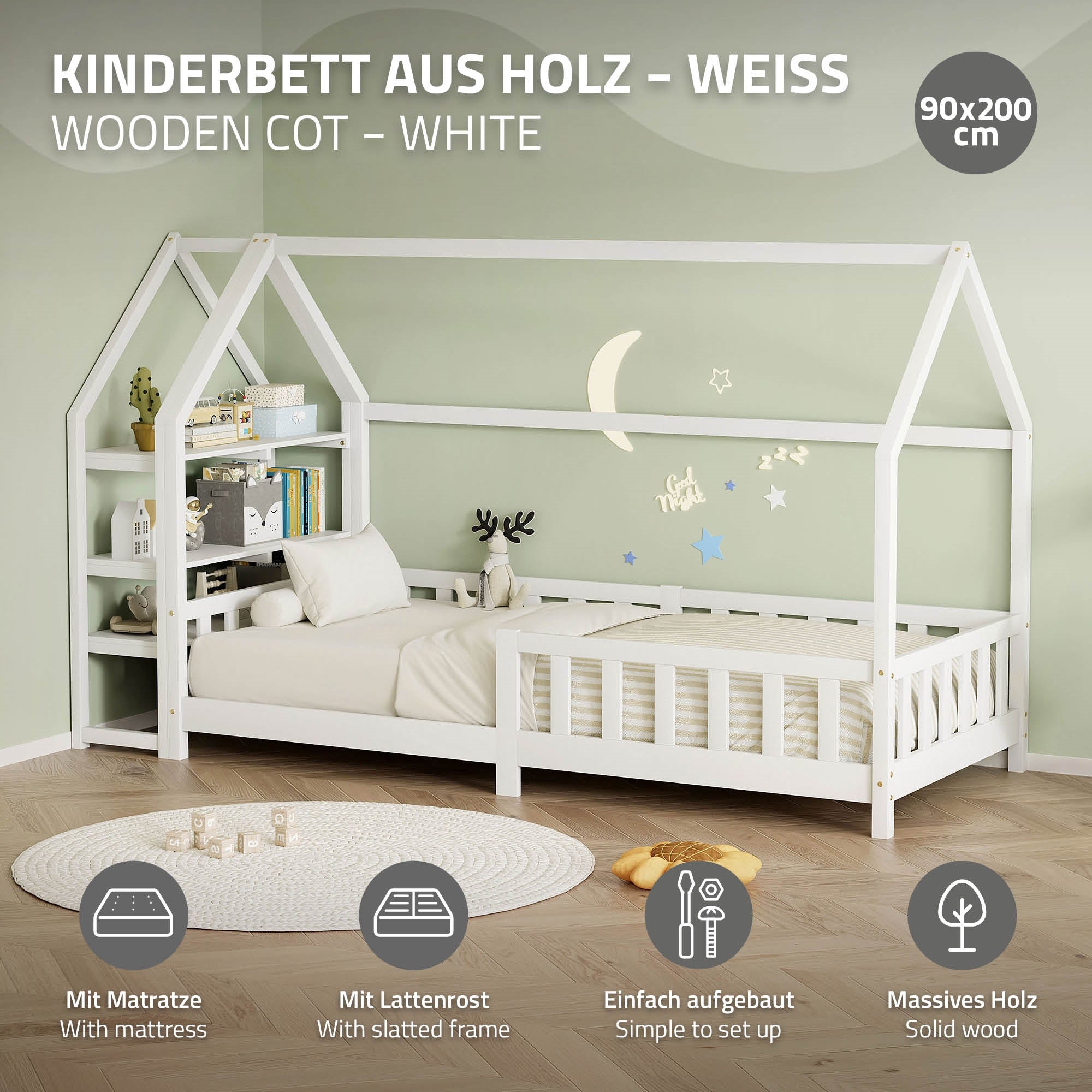 ECD Germany Kinder lit cabane 90x200 blanc + matelas 16 cm