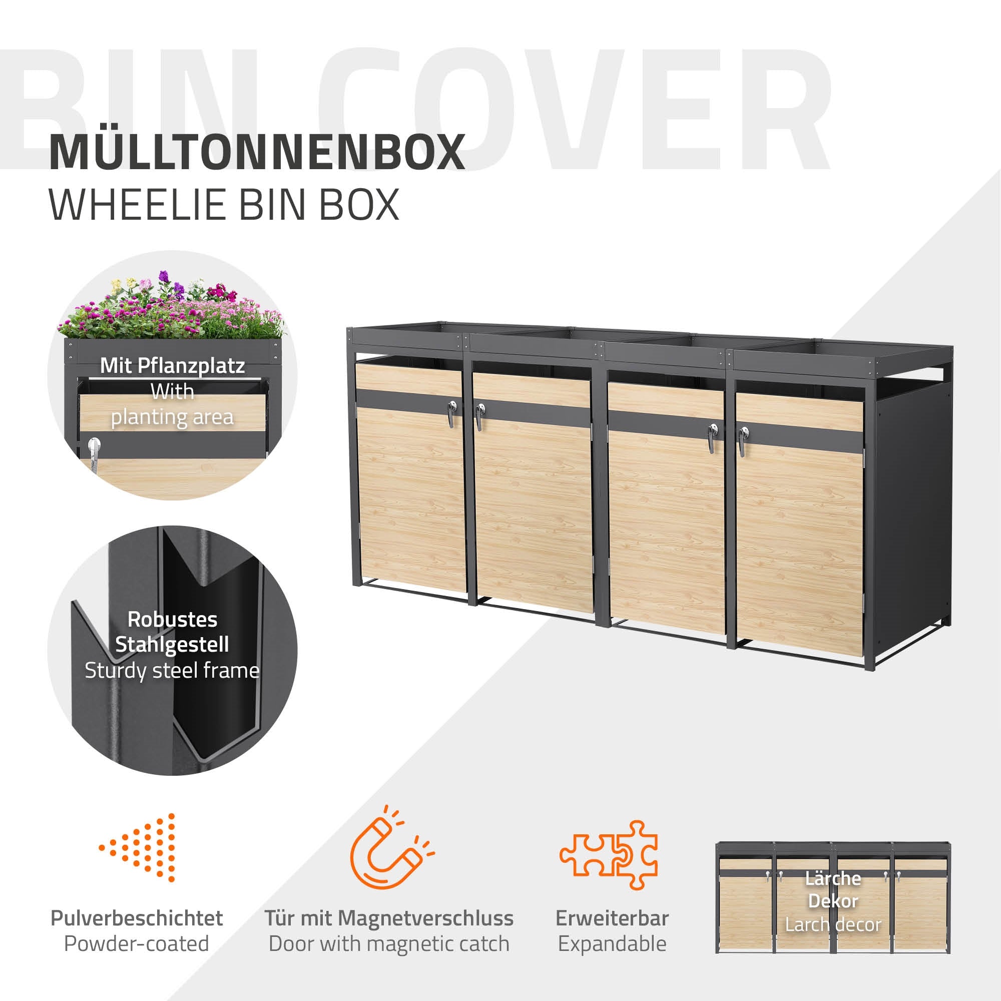 ECD Germany cache poubelle 4x240L acier toit planter 264cm