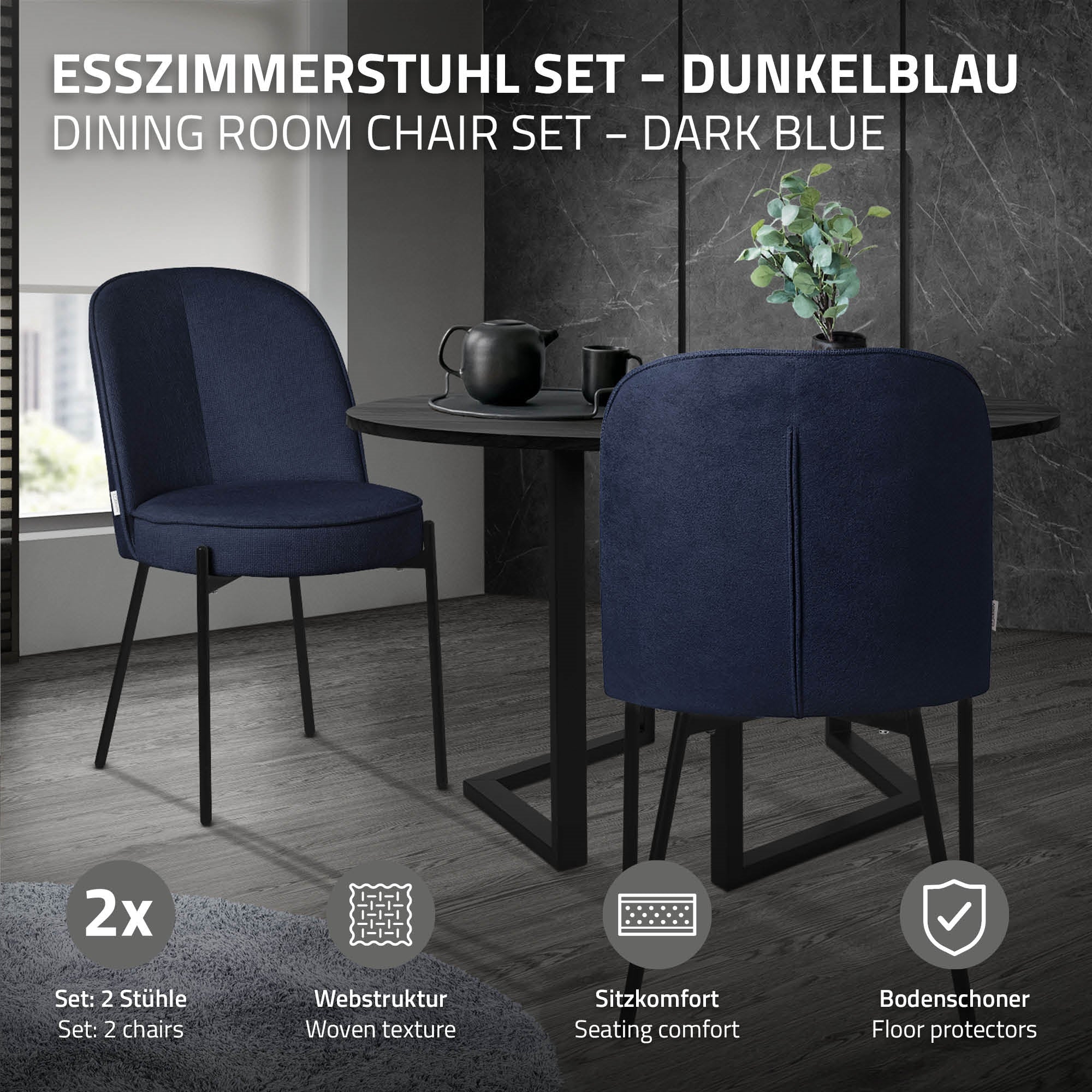 ECD Germany Möbel chaise salle à manger bleu foncé tissu lot de 2