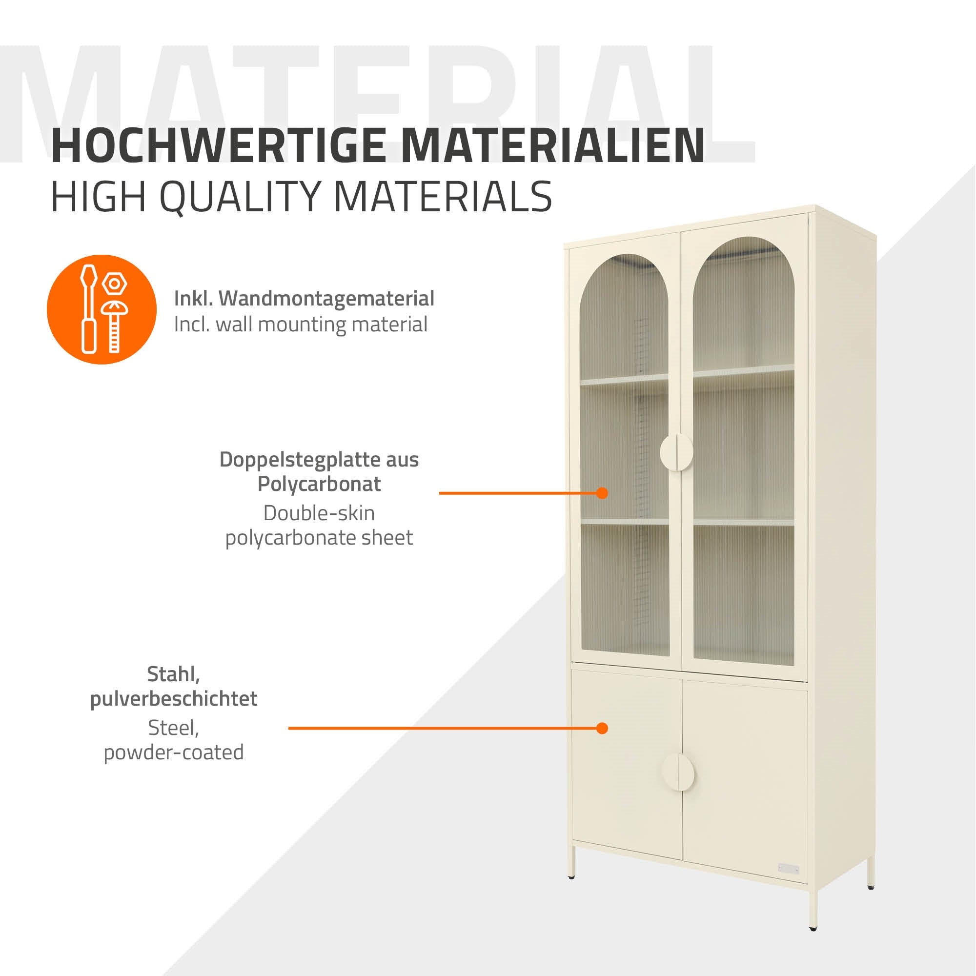 ECD Germany Möbel Vitrine 80x185x40 cm Crème 4 Portes