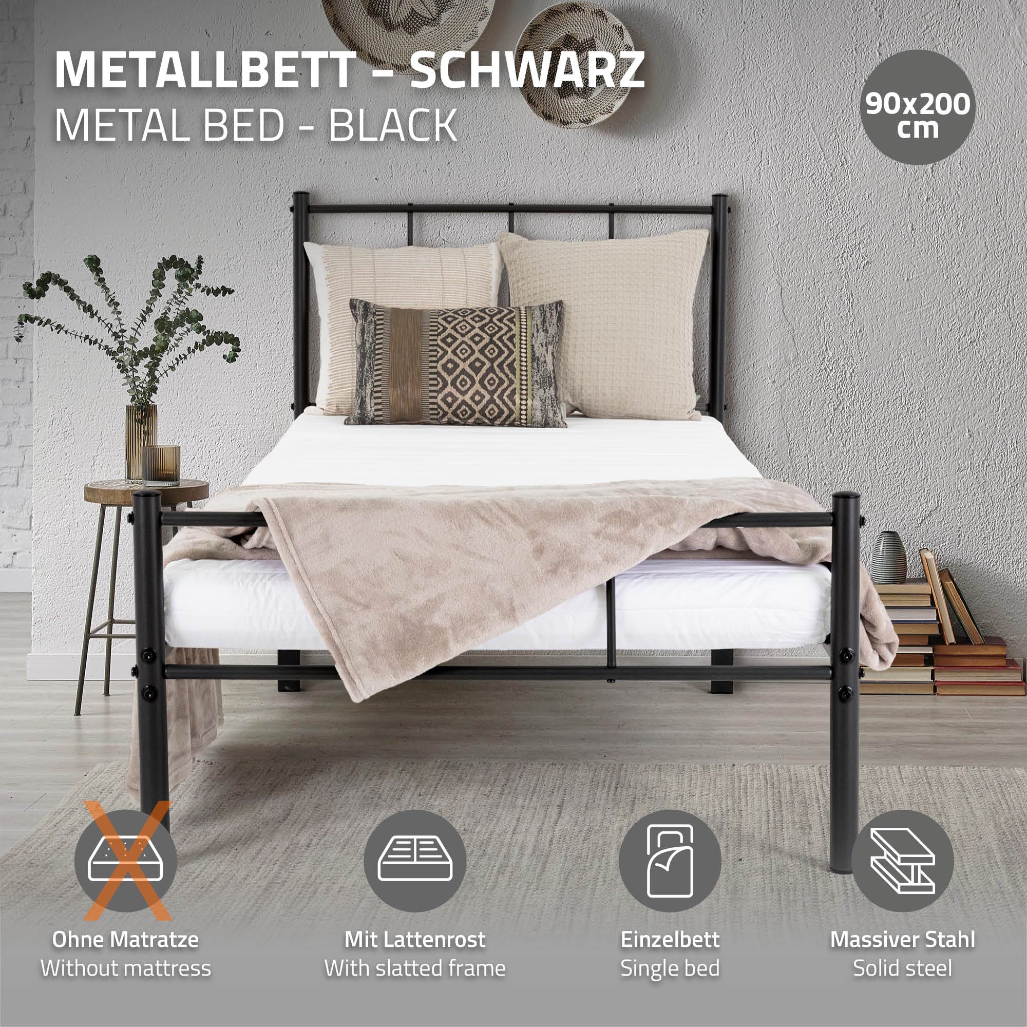 ECD Germany ML-Design Lit métal anthracite 90x200 sommier inclus