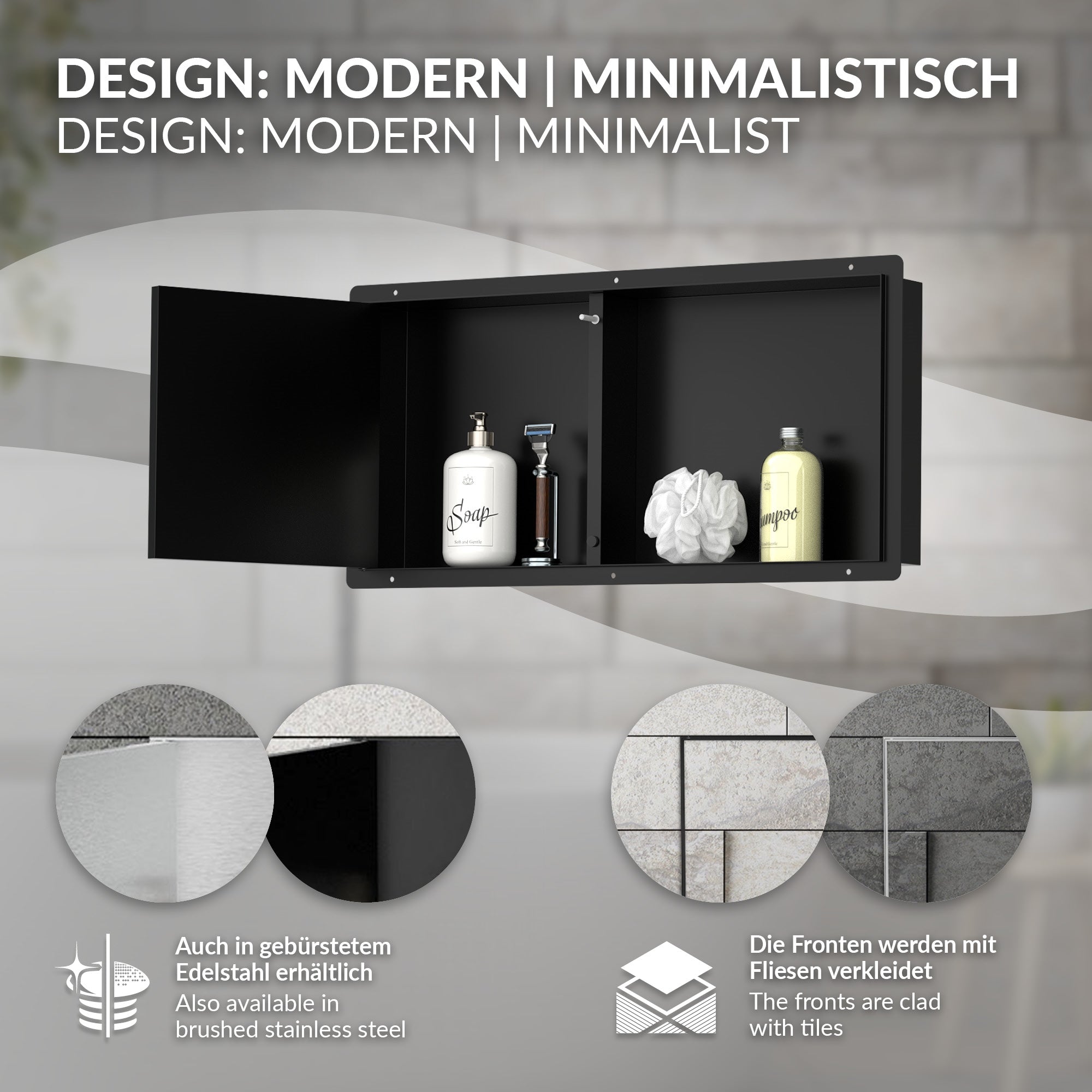 LuxeBath niche de douche inox noire 60x30x10 cm porte