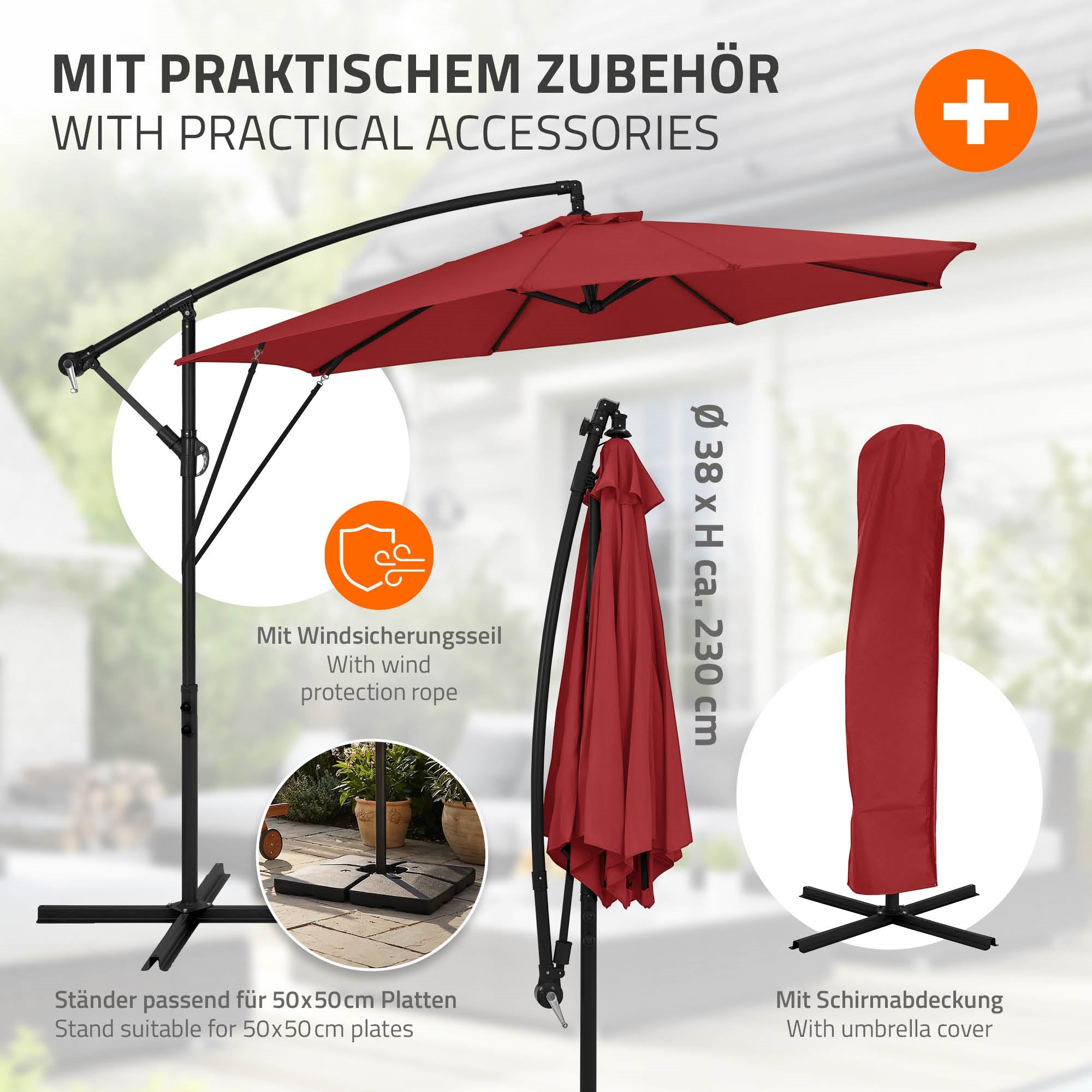 ECD Germany Garten parasol déporté rouge Ø 300 cm alu