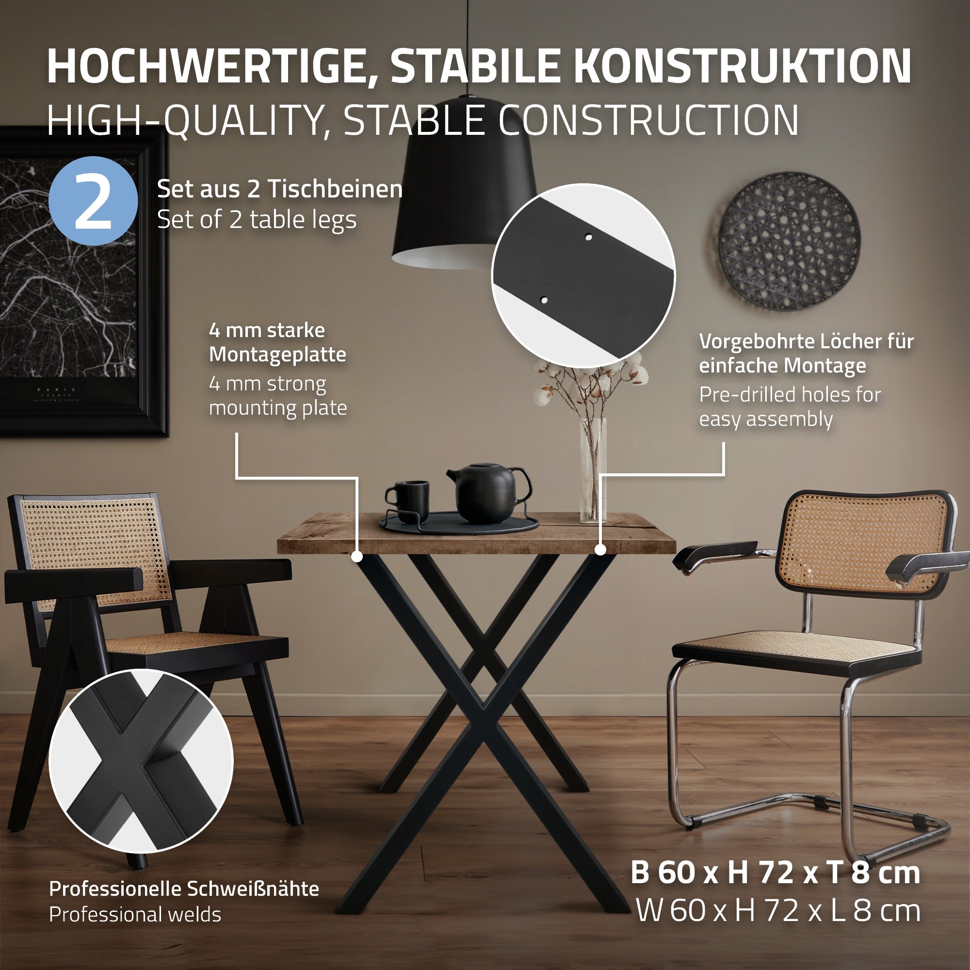 ECD Germany Möbel pieds de table X 60x72 cm noir acier lot de 2