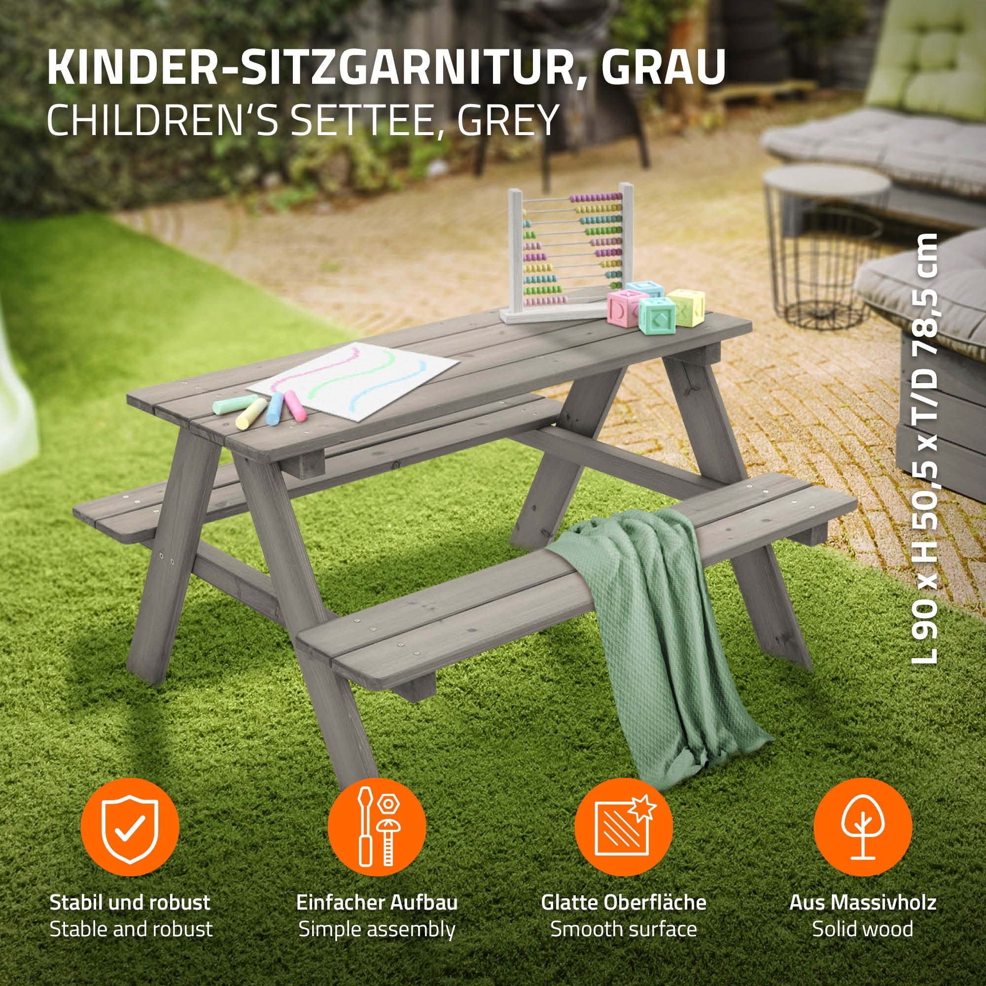 ML-Design table pique-nique enfant bois massif 4 places marron / gris