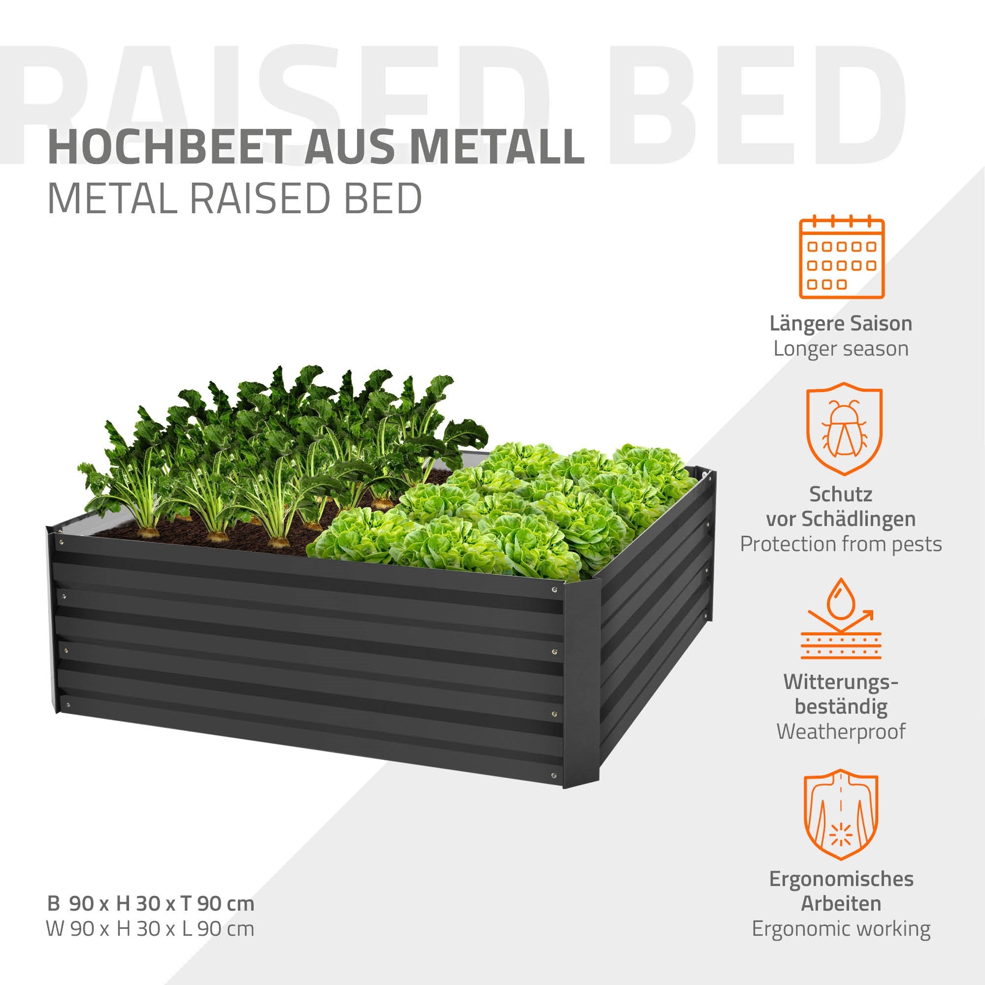 ECD Germany Jardin carré potager anthracite métal 90x90x30 cm 3 pièces