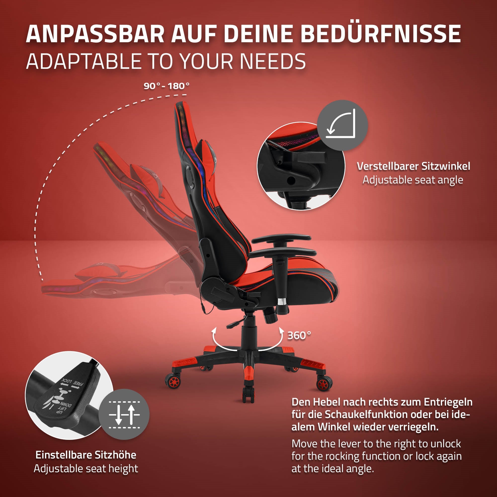 ML-Design chaise gaming similicuir noir rouge LED Bluetooth B-Ware