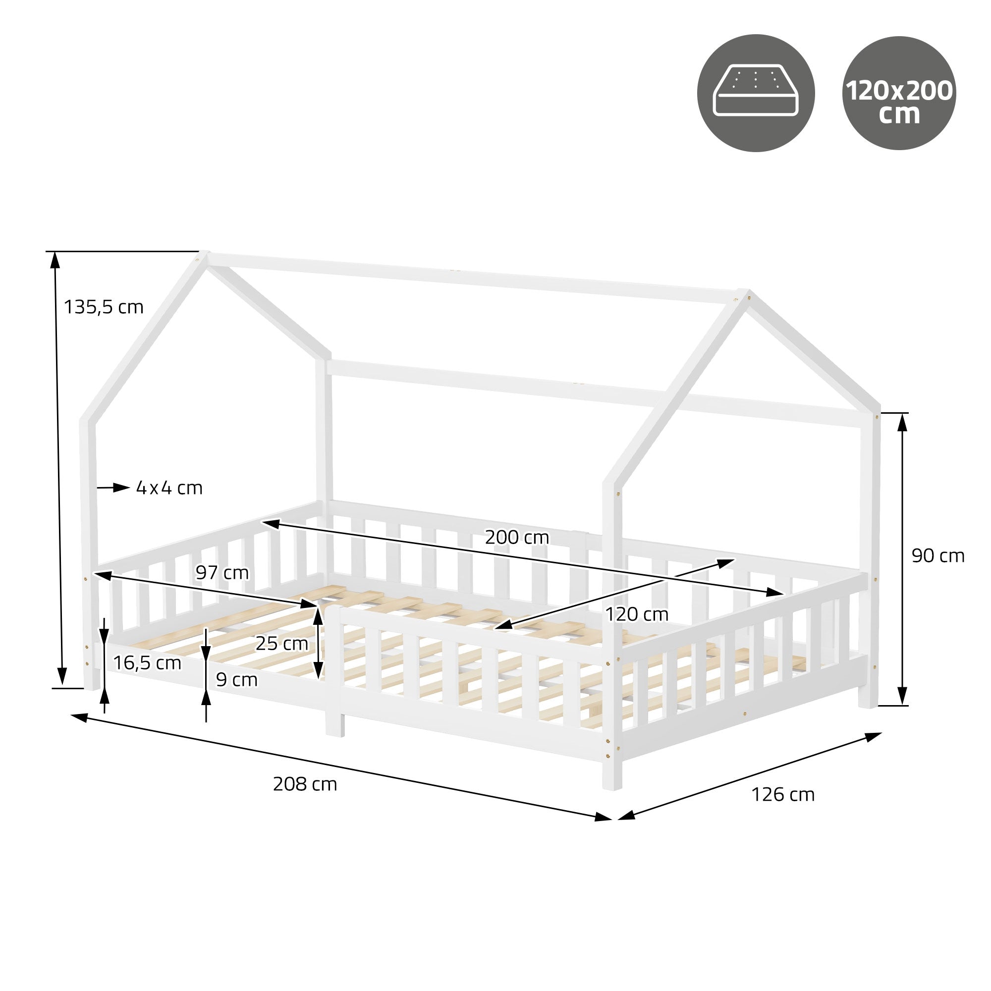 ECD Germany Kinder lit cabane enfant pin blanc 120x200 + sommier