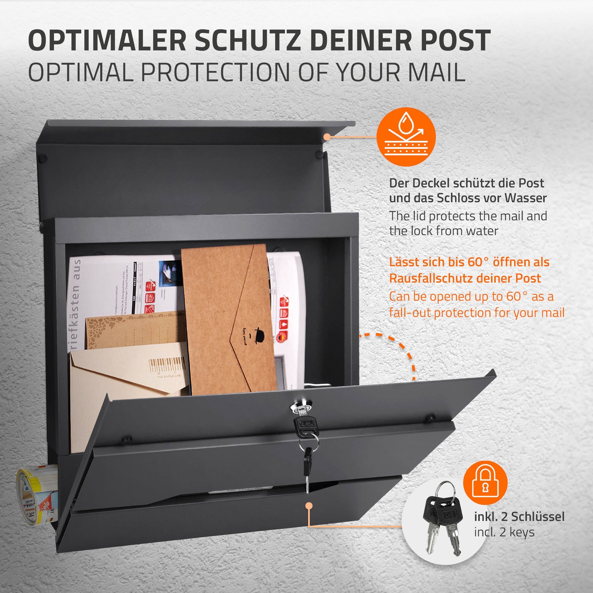 ECD Germany Boite aux lettres murale anthracite inox journal 37 cm