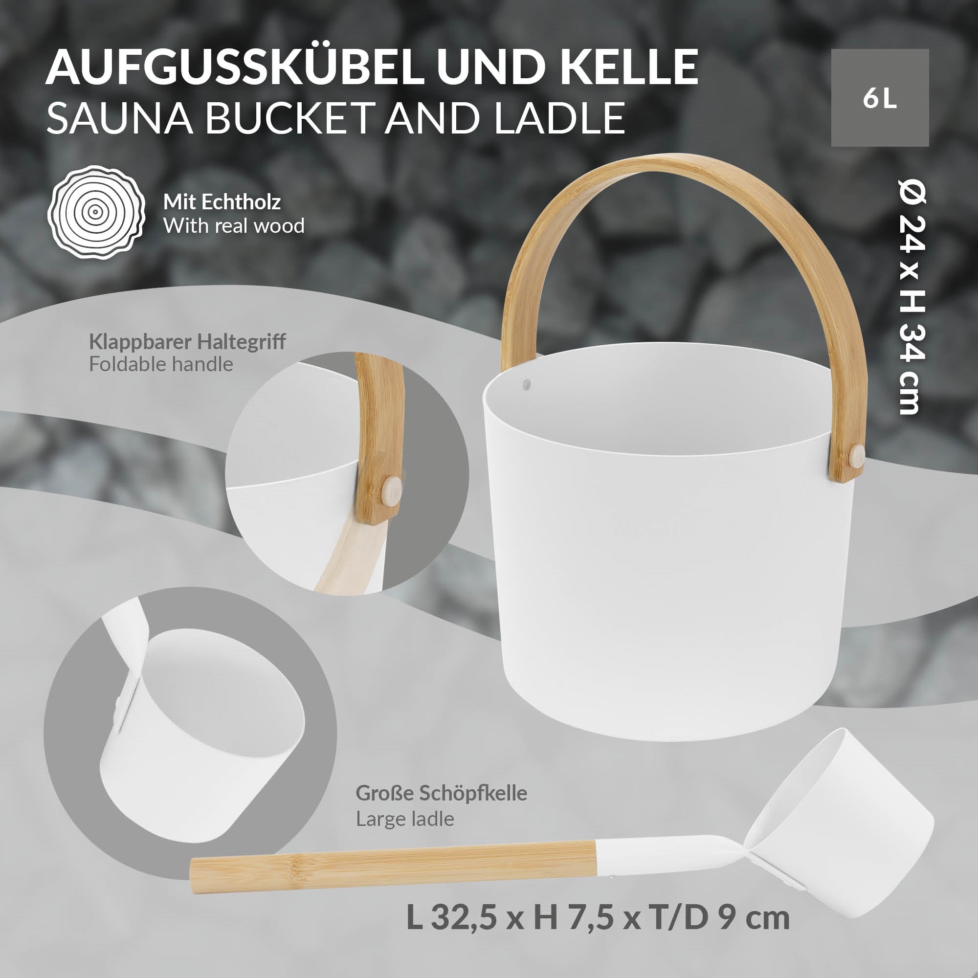ECD Germany Haus Wohnen set sauna seau 6L blanc aluminium + louche