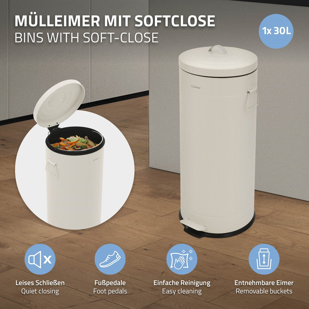 ECD Germany Möbel poubelle cuisine 30L beige acier pédale