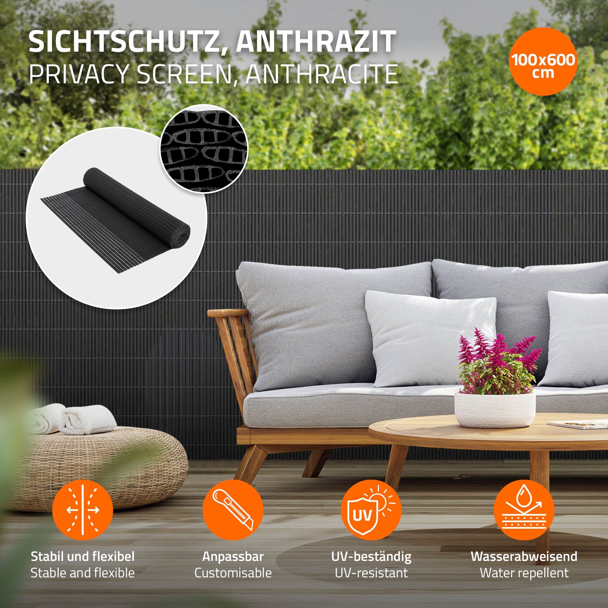 ECD Germany Garten brise vue PVC anthracite 600x100 cm occultant