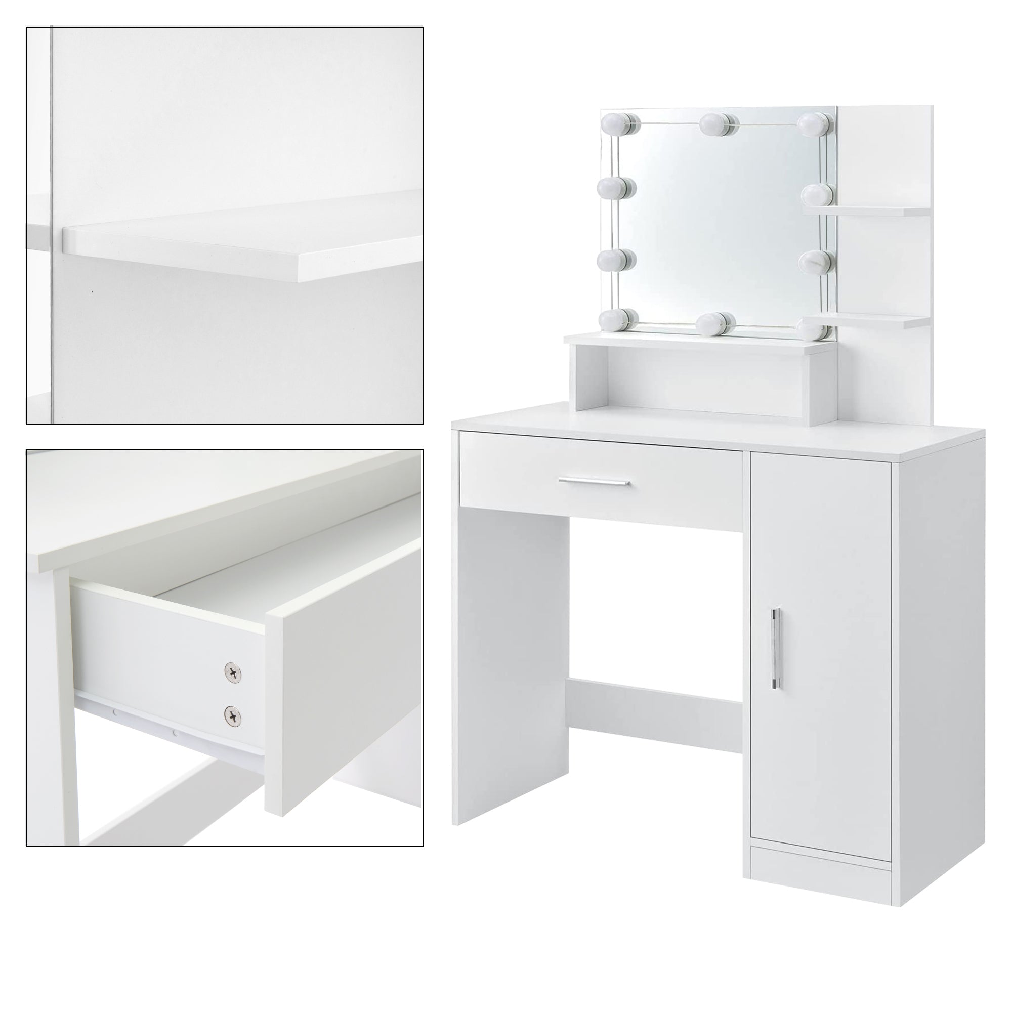 ML-Design Coiffeuse blanche LED 90 cm avec miroir et armoire