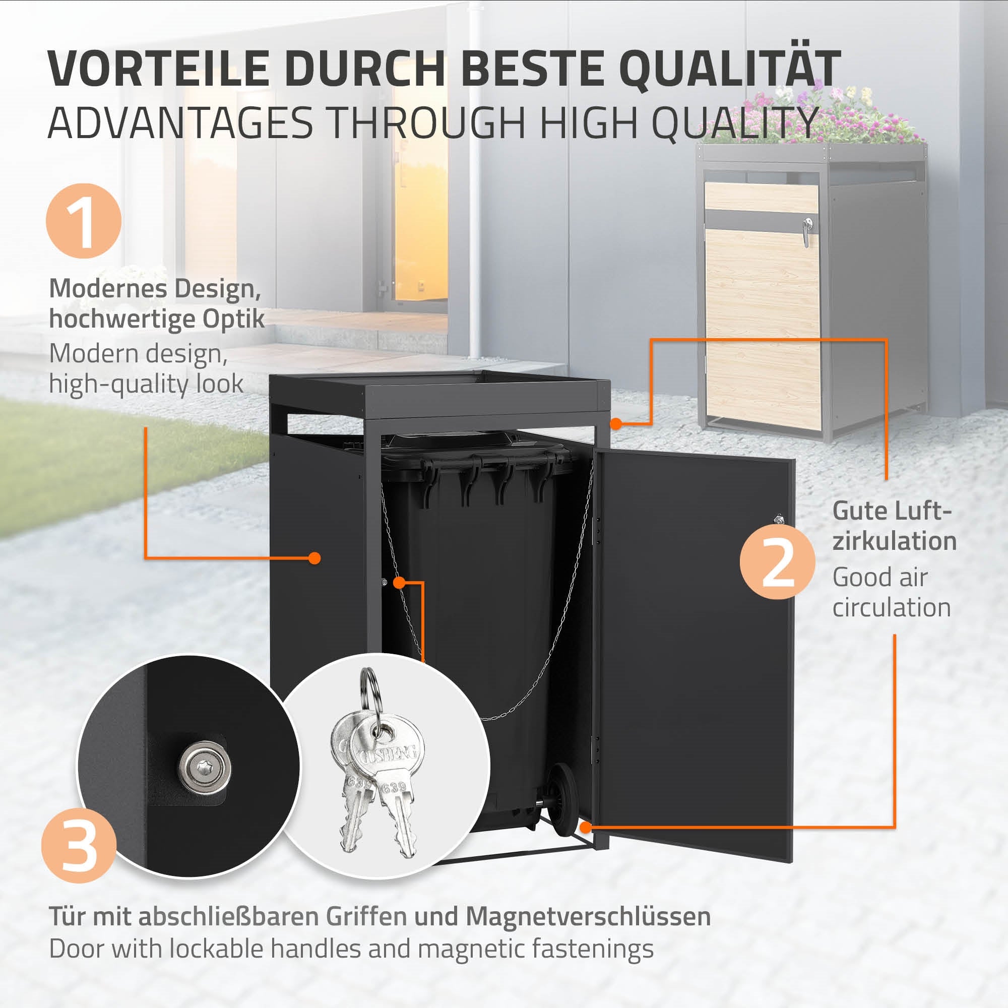 ECD Germany Garten cache poubelle acier mélèze 68x80x124 cm