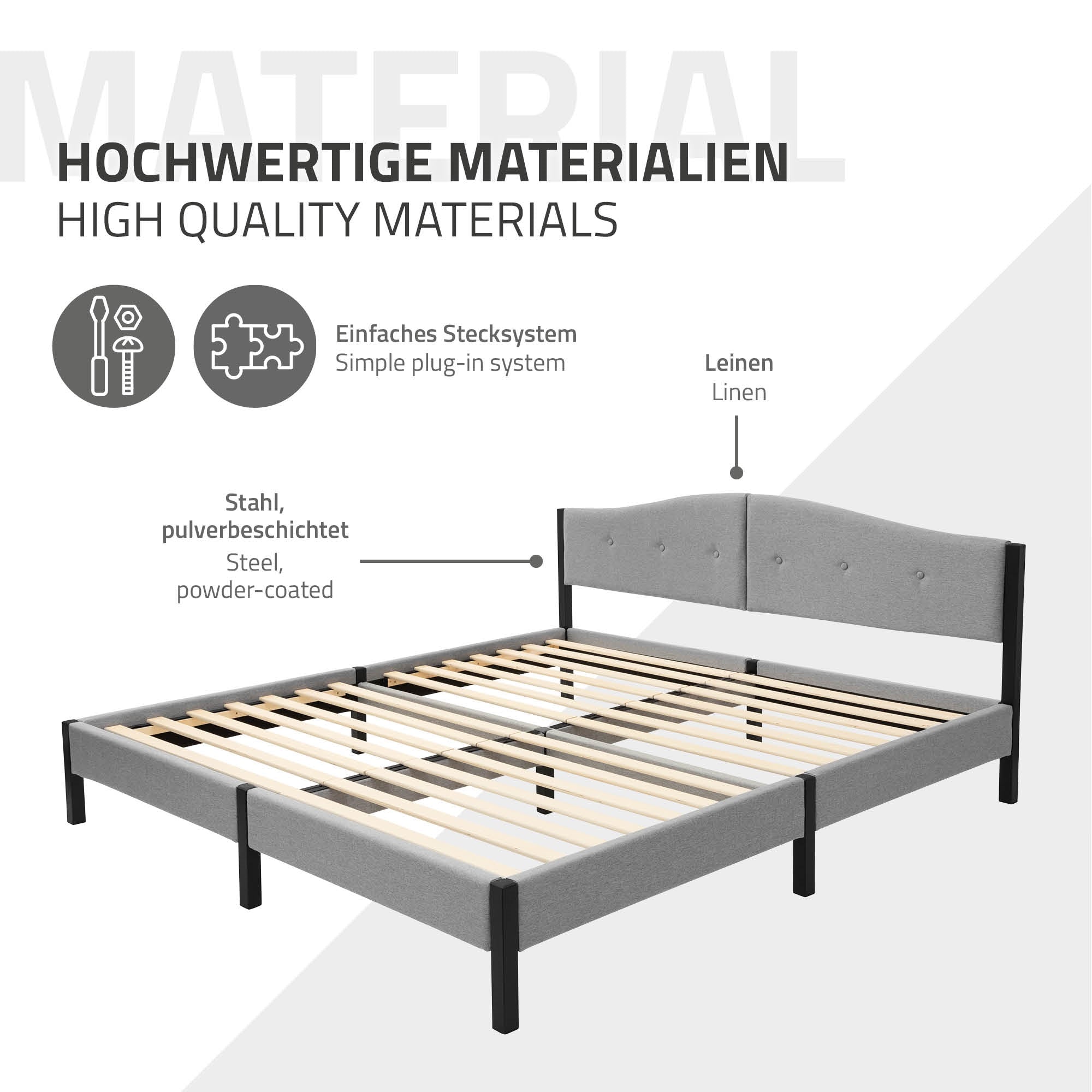 ECD Germany ML-Design lit capitonné gris 180x200 sans matelas