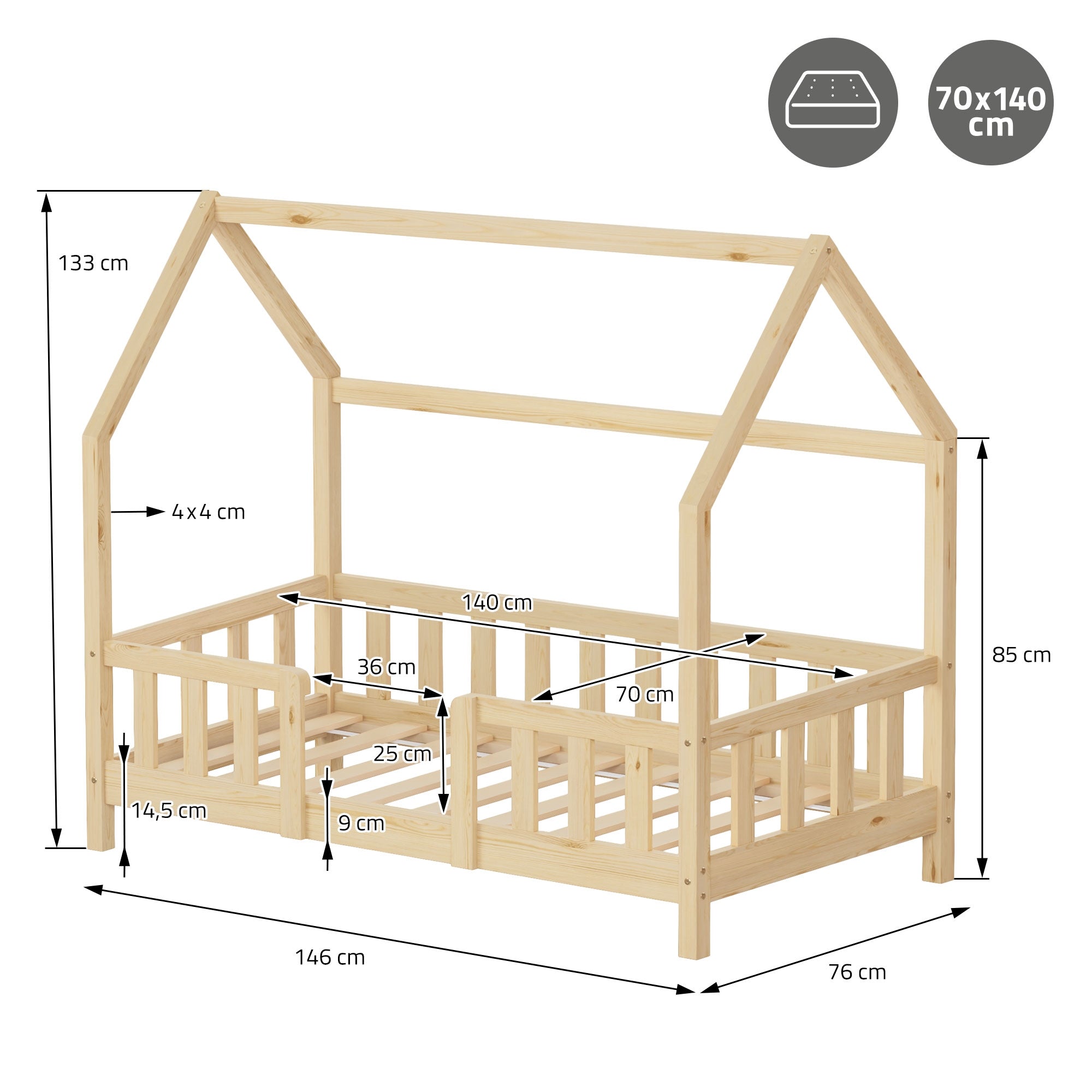 ML-Design Hausbett lit cabane bois naturel 70x140 cm