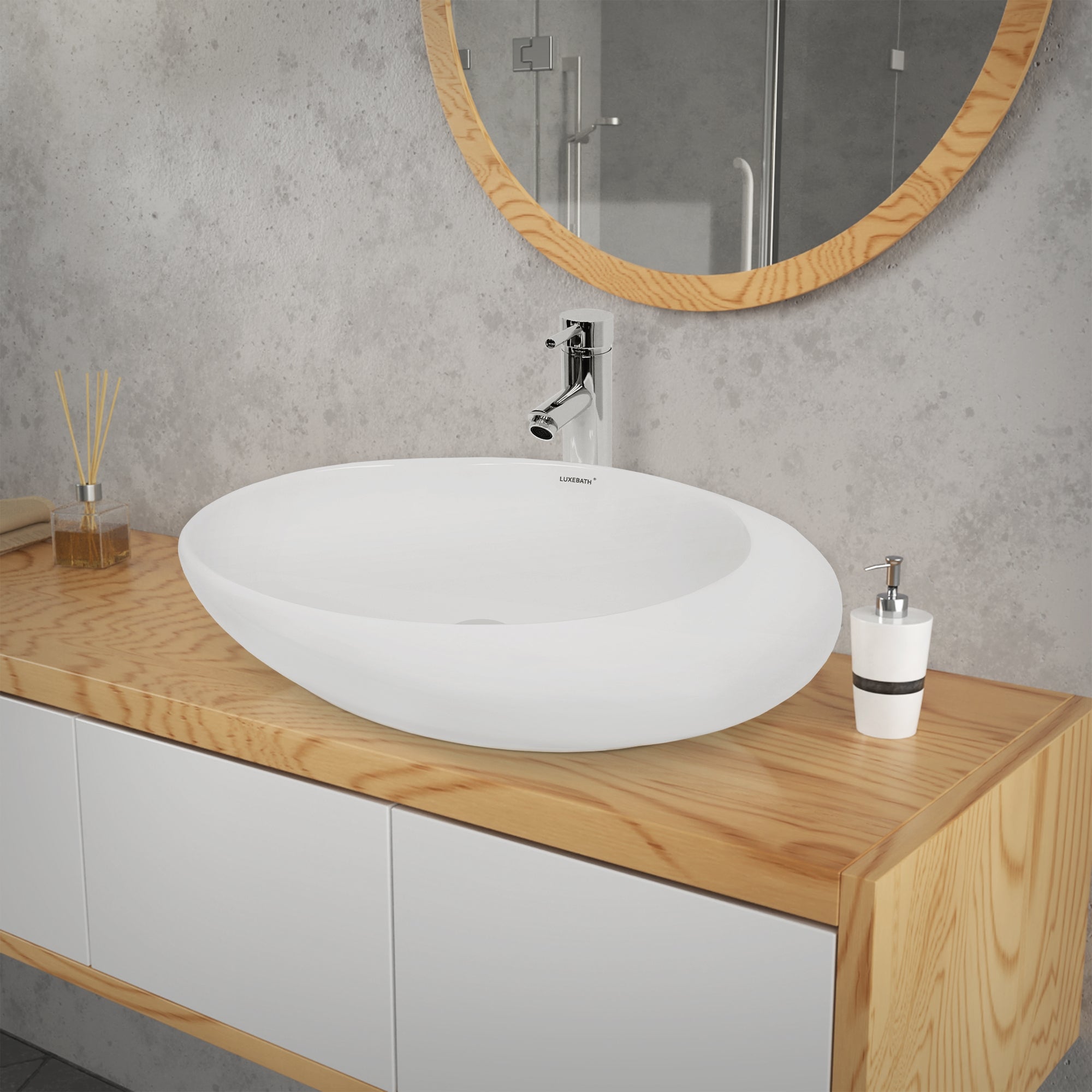 LuxeBath vasque à poser 58,5cm blanc ovale sans trop-plein + bonde