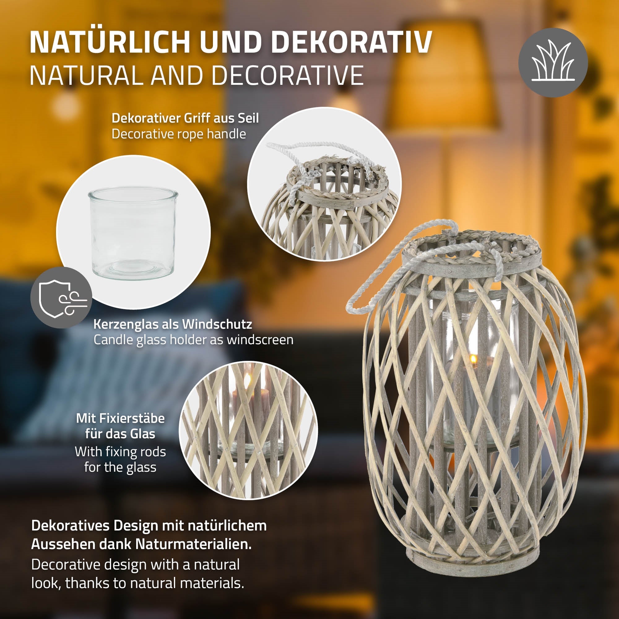 ECD Germany Lanterne rotin marron 40 cm photophore verre