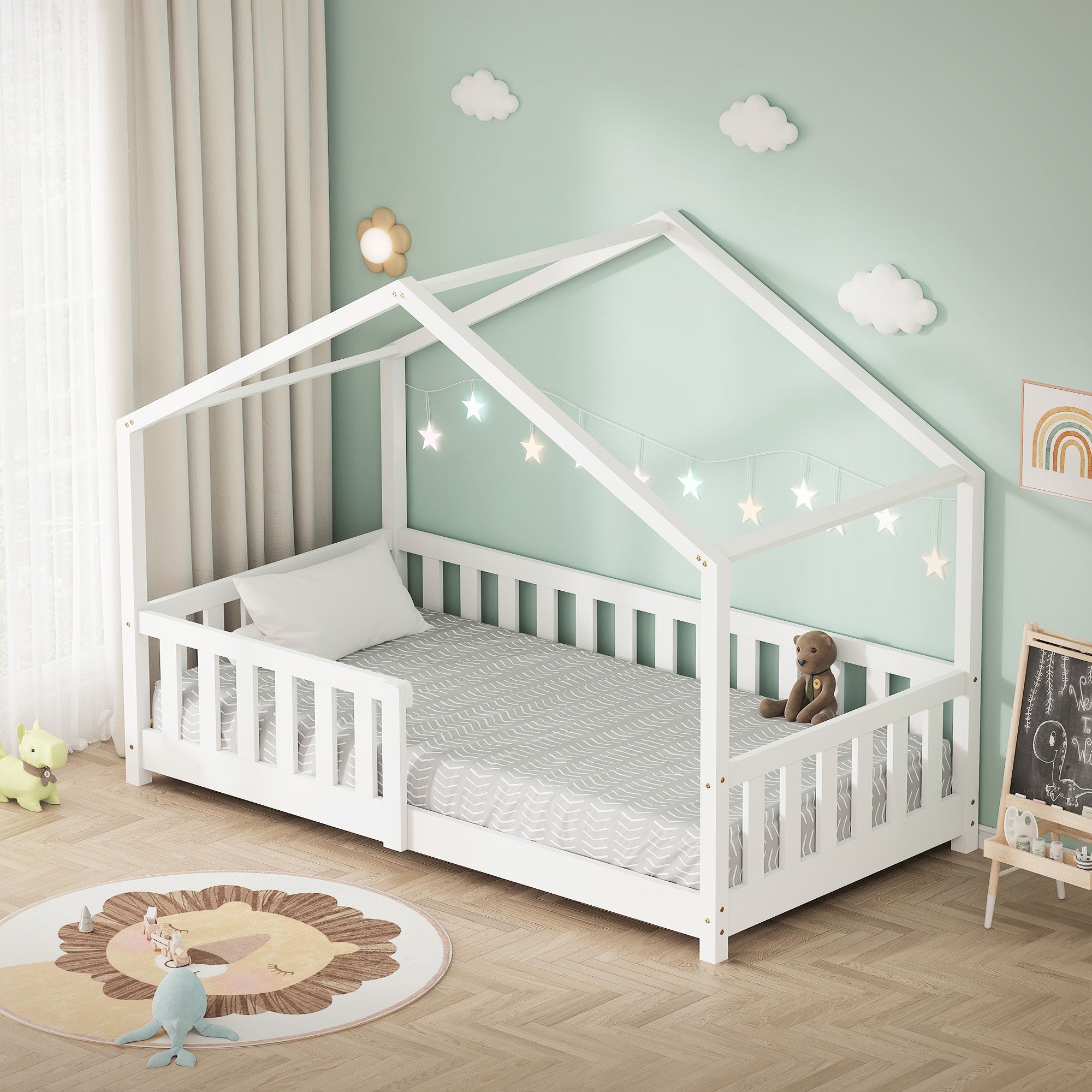 ECD Germany Kinder lit cabane 80x160 cm blanc avec sommier