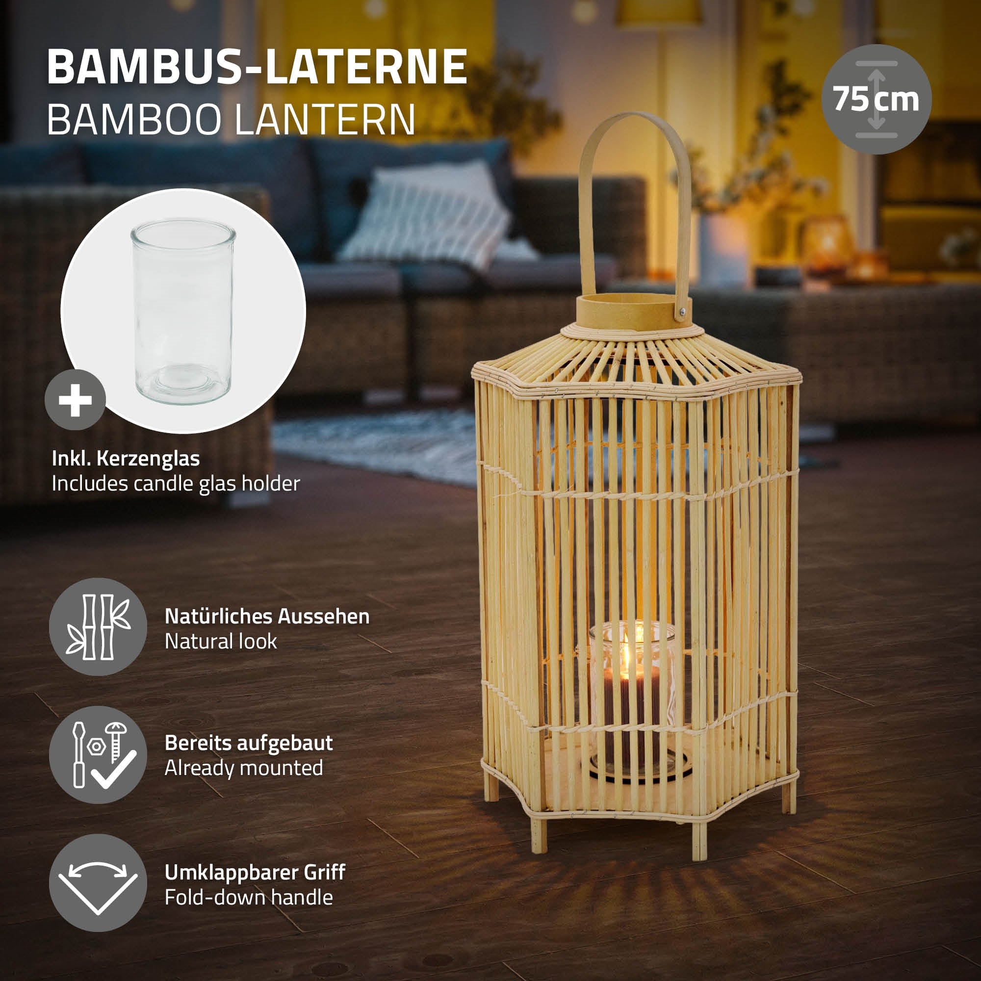 ECD Germany Garten Lanterne Bambou 75 cm Bois