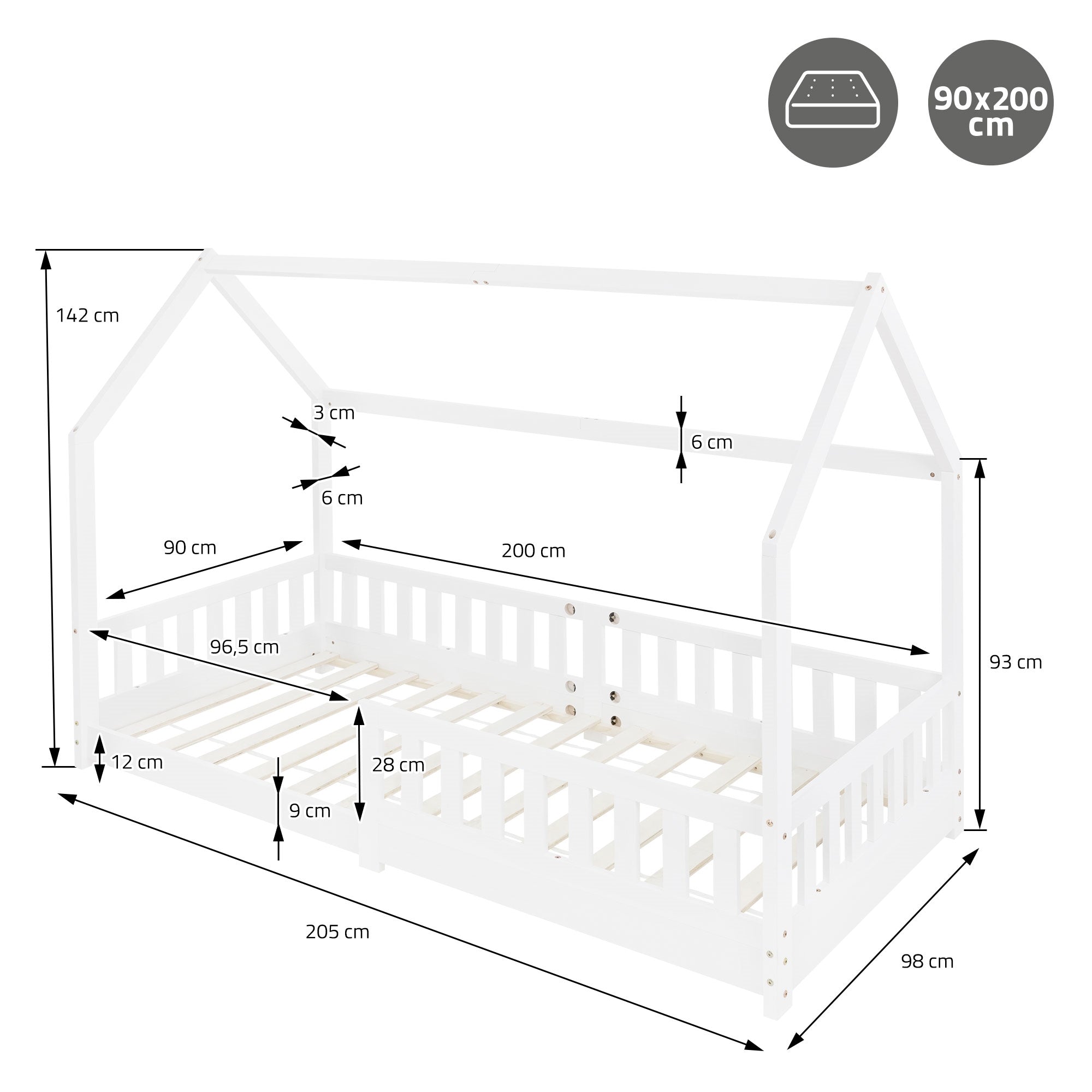 ECD Germany Kinder lit cabane blanc 90x200 cm pin sommier