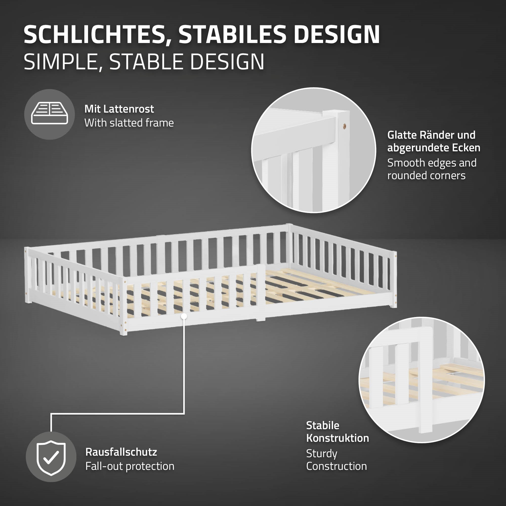 ML-Design lit enfant 140x200 cm blanc pin sommier barrière