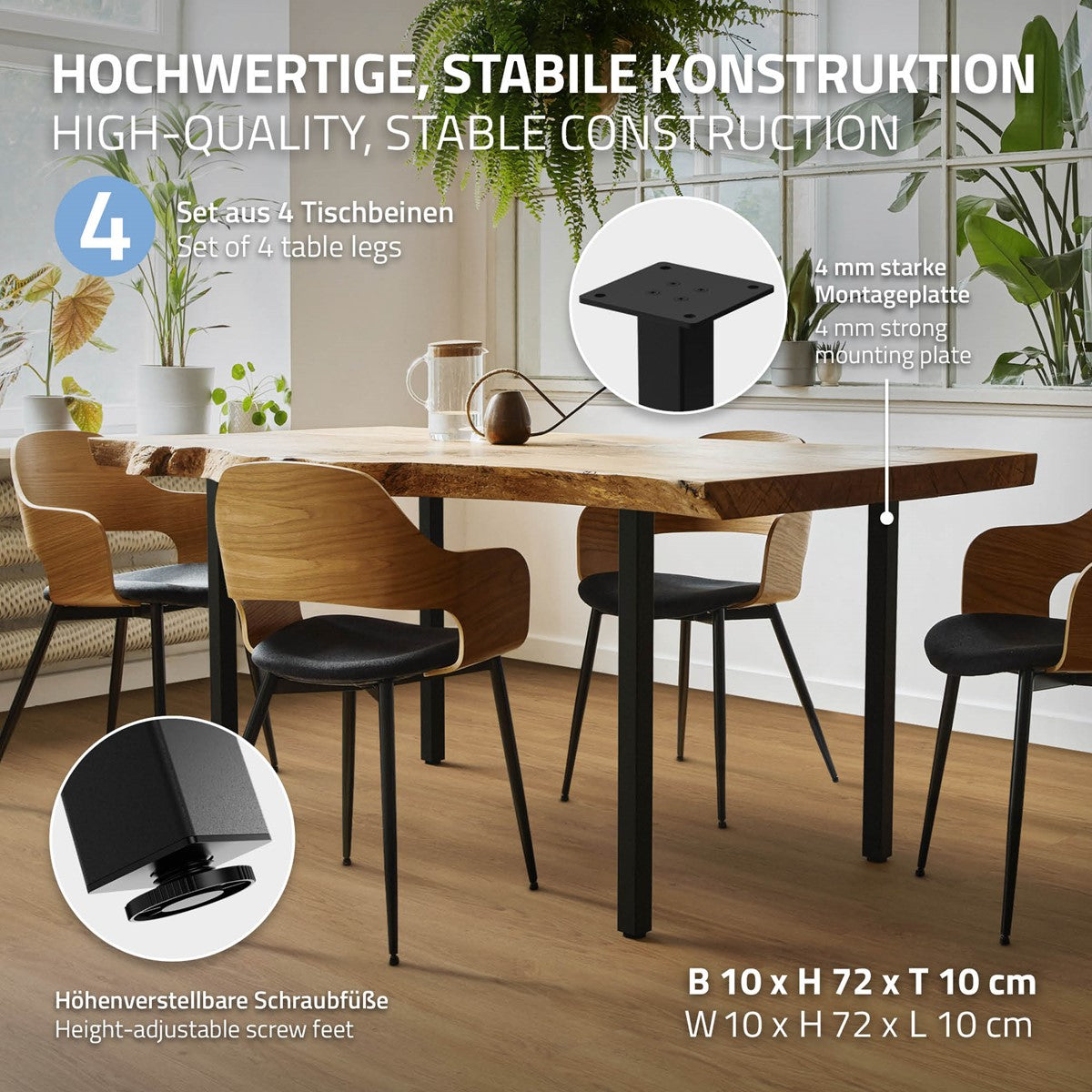 ECD Germany Möbel Pieds table noirs 72 cm lot de 4