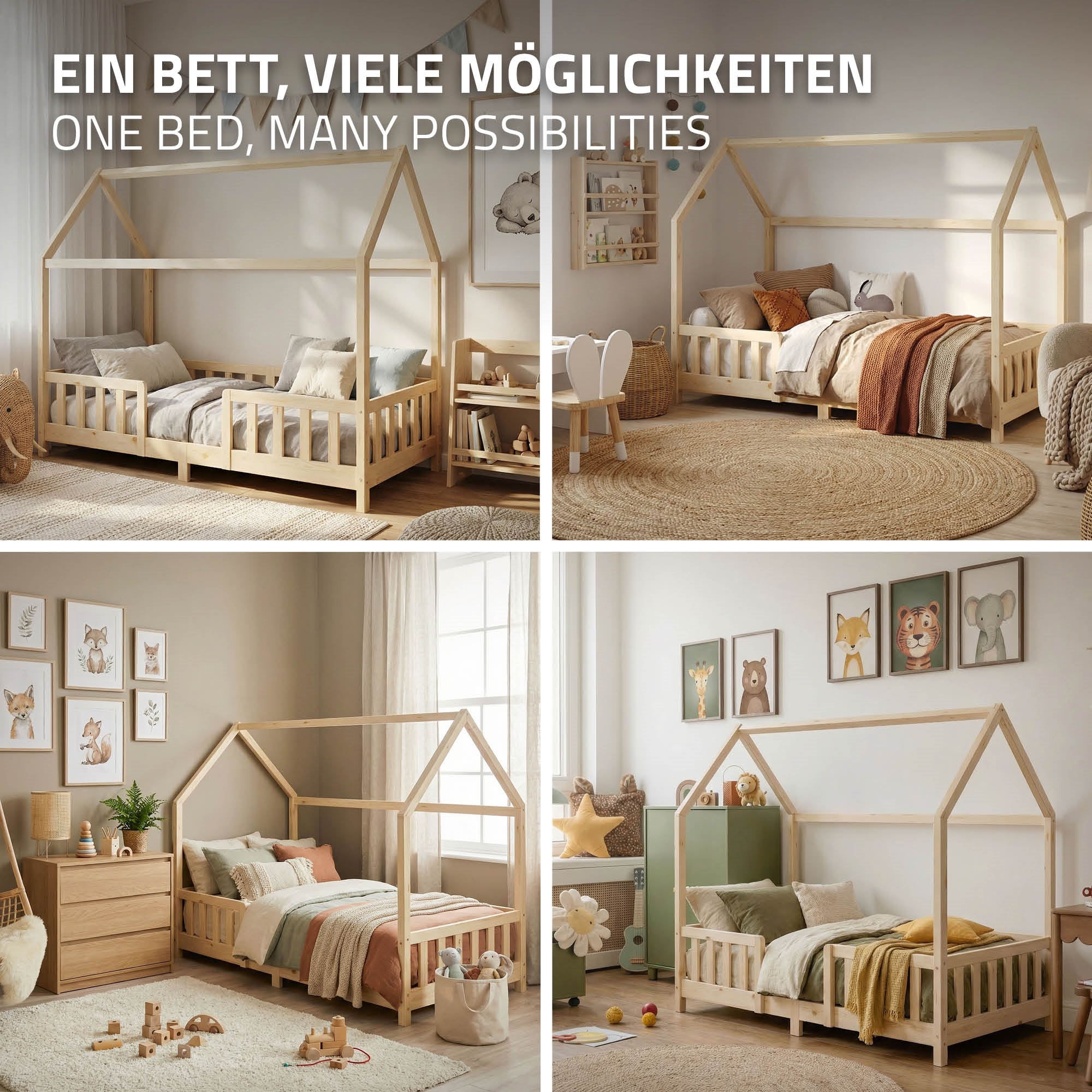 ECD Kinder lit cabane 90x200 naturel barrière sans matelas