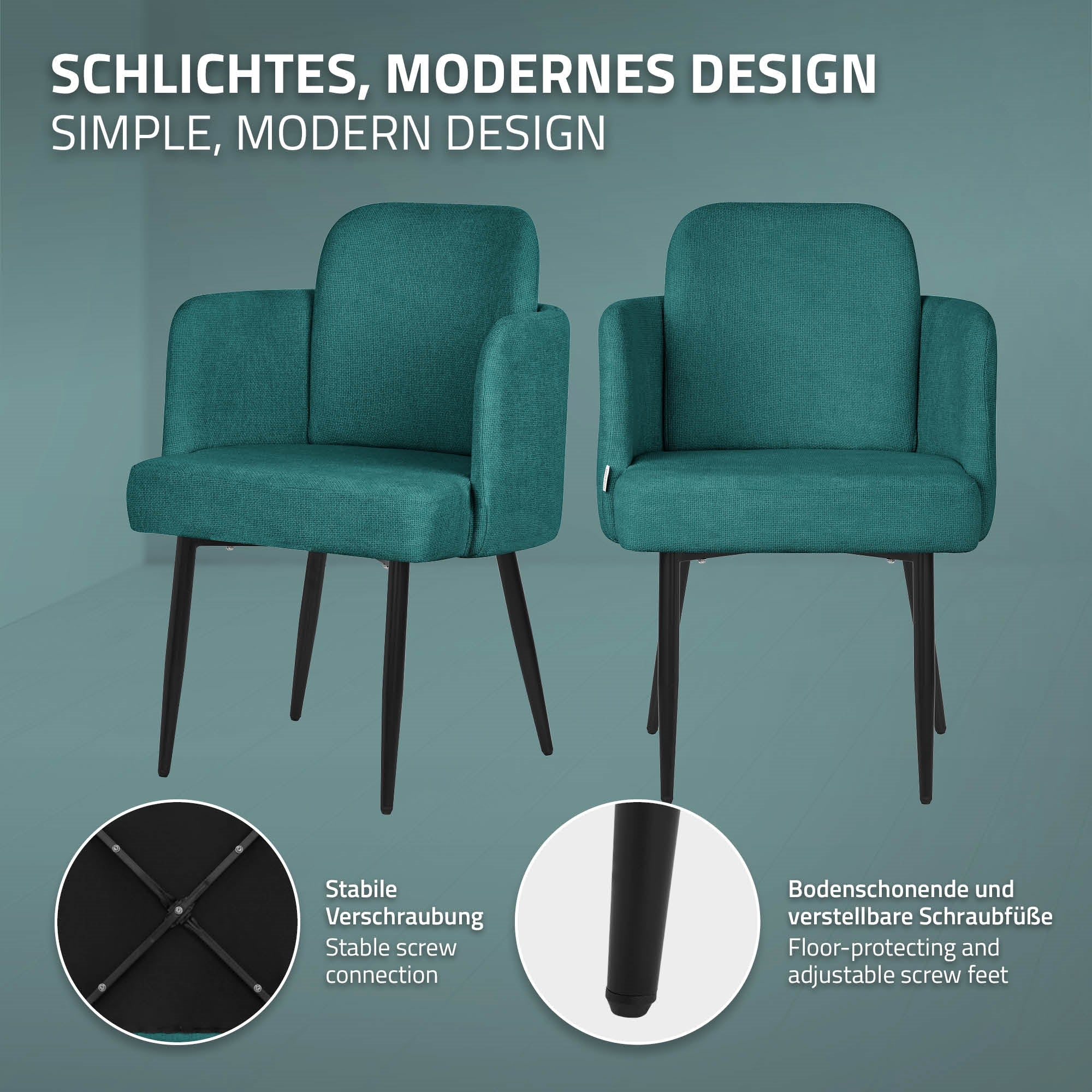 ECD Germany ML-Design Chaise rembourrée pétrole métal lot de 2