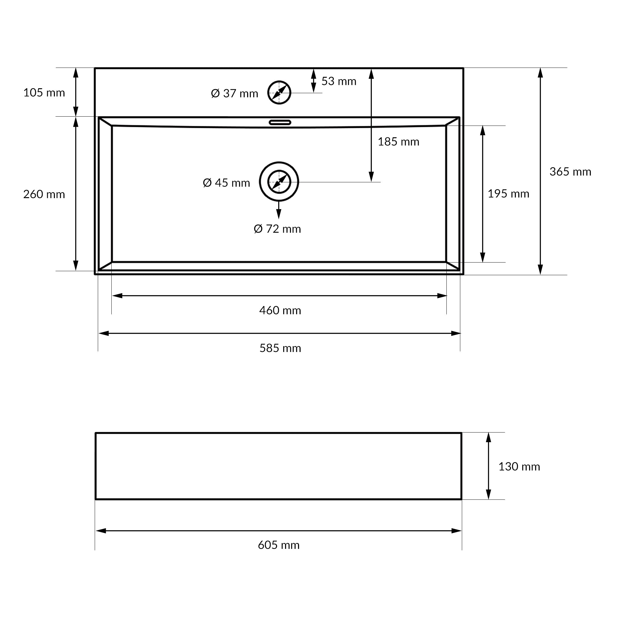 ECD Germany lavabo rectangulaire céramique noir 60,5 cm avec trop-plein