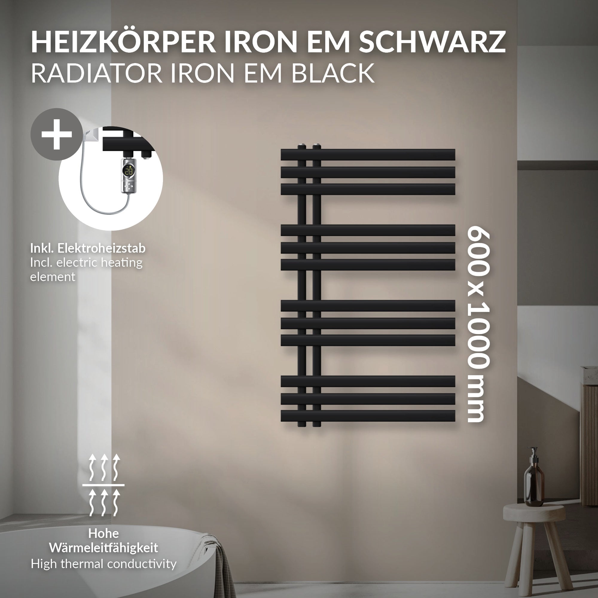 ECD Germany Heizungen sèche-serviettes noir mat 600x1000 600W