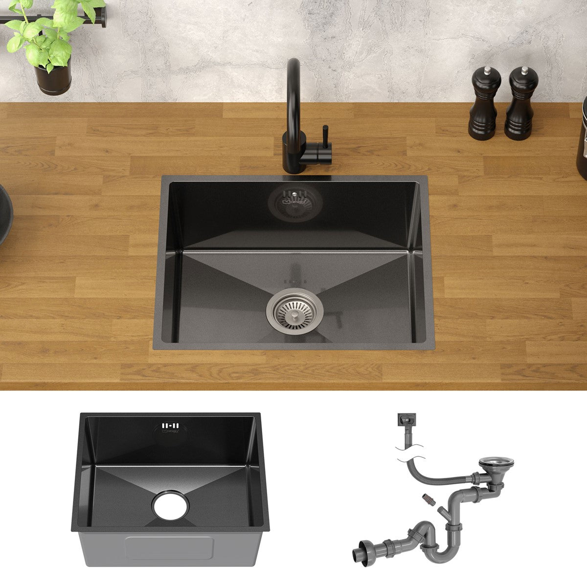 ECD Germany Sanitär Évier inox 50x40 cm anthracite à encastrer