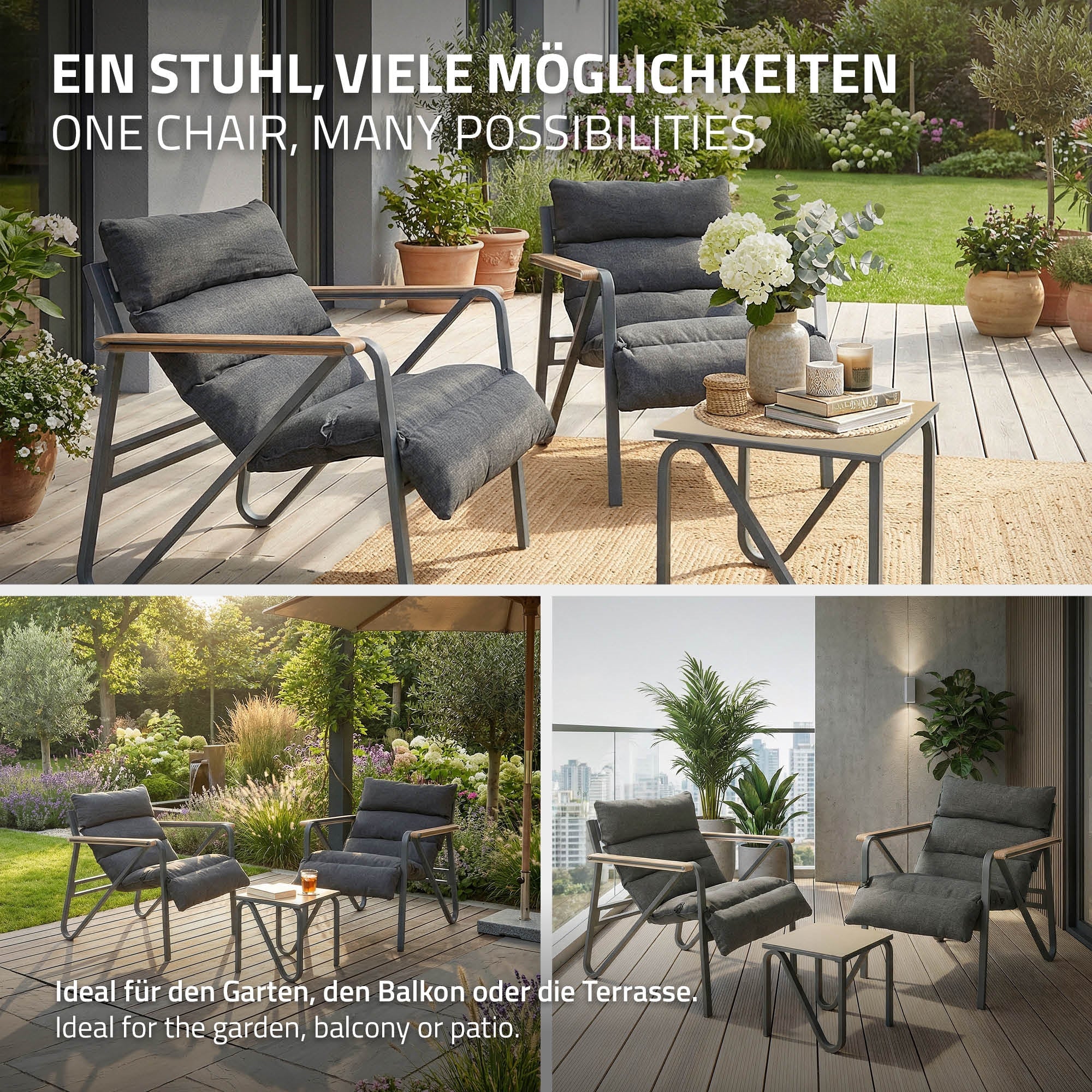 ECD Germany Garten salon de jardin 3 pièces anthracite coussins