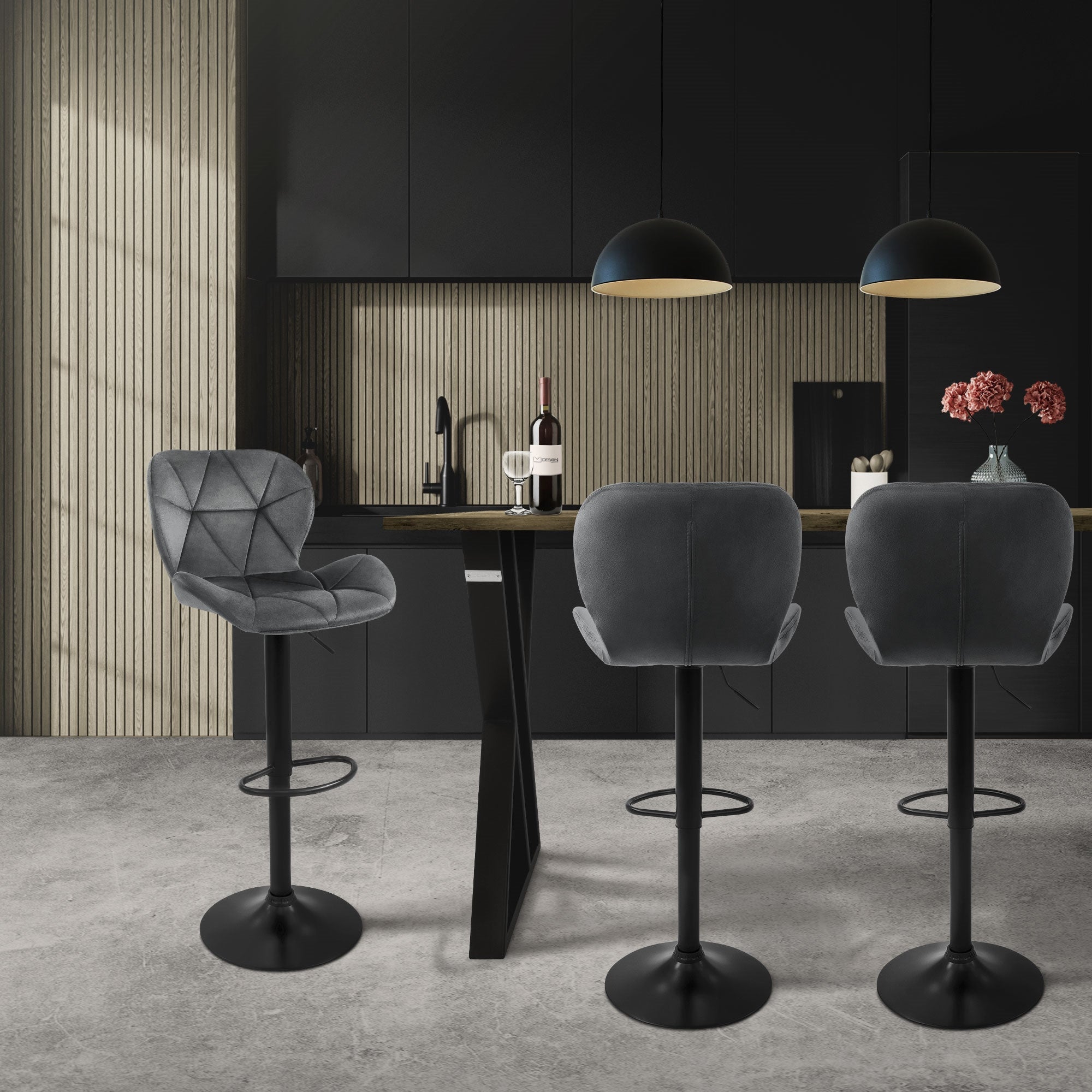 ECD Germany Tabouret Bar Velours Gris Lot 2 Réglable 59-79 cm