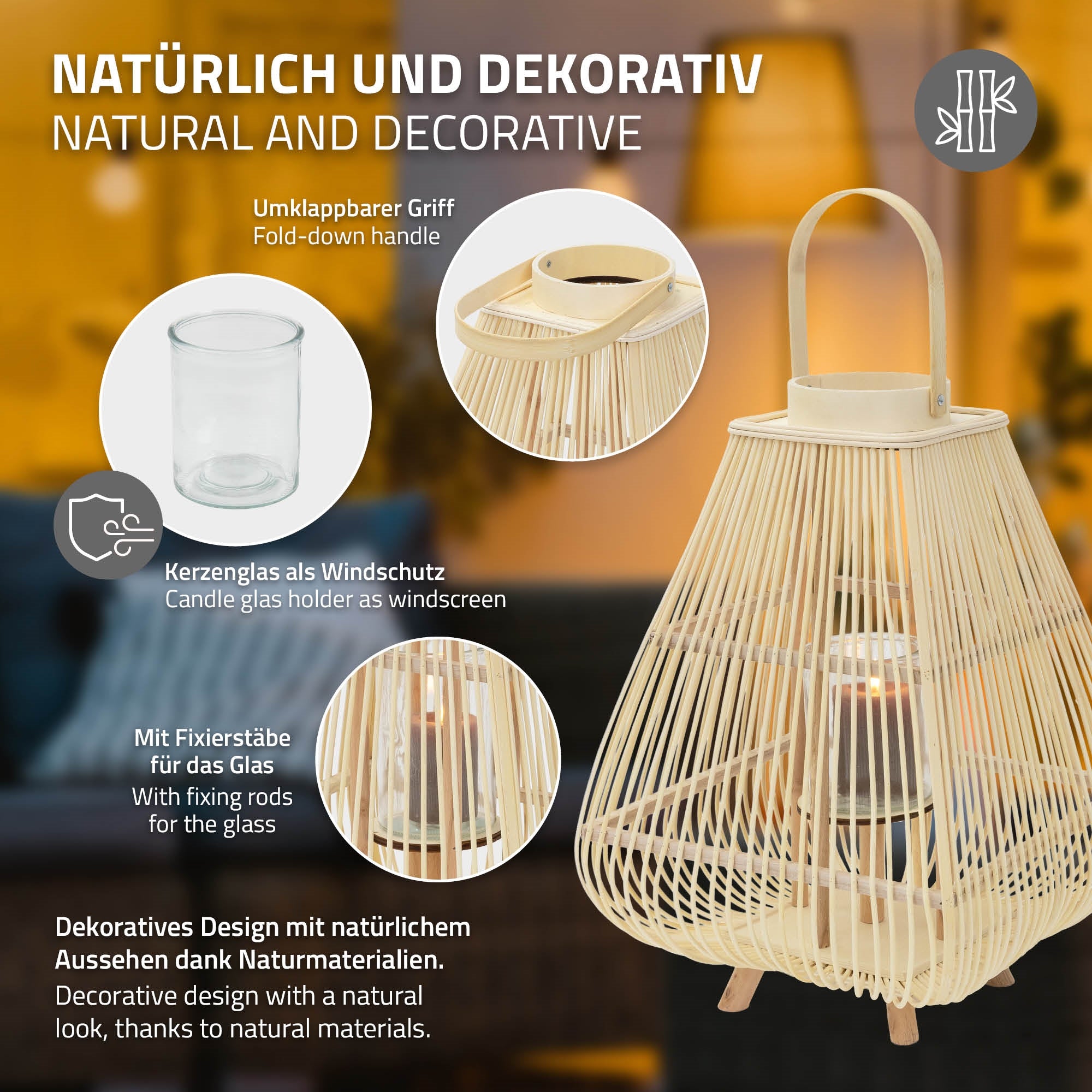 ECD Germany Garten lanterne bambou 63,5 cm + verre