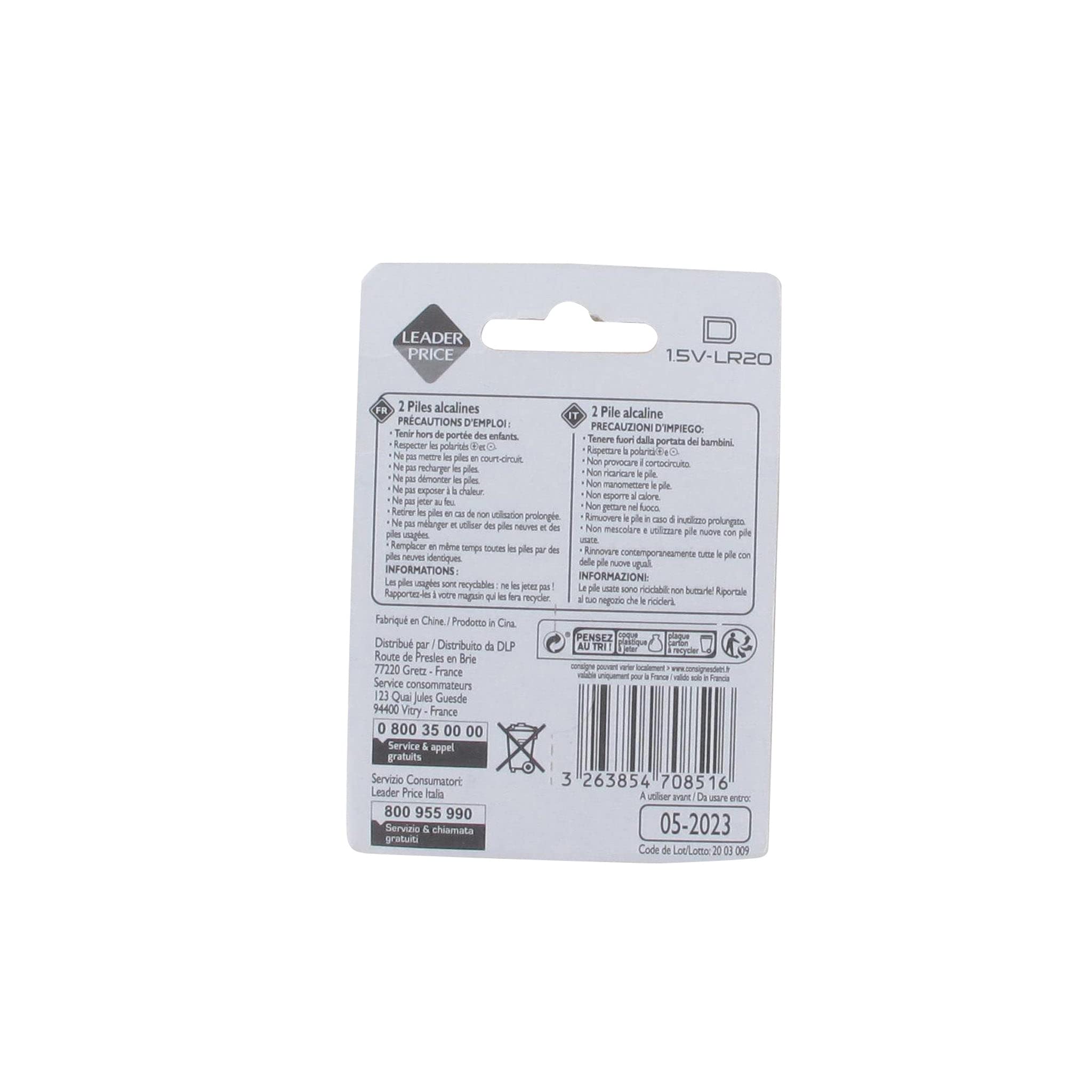 Leader Price piles alcalines LR20 D 1.5V x2 lampes et jouets