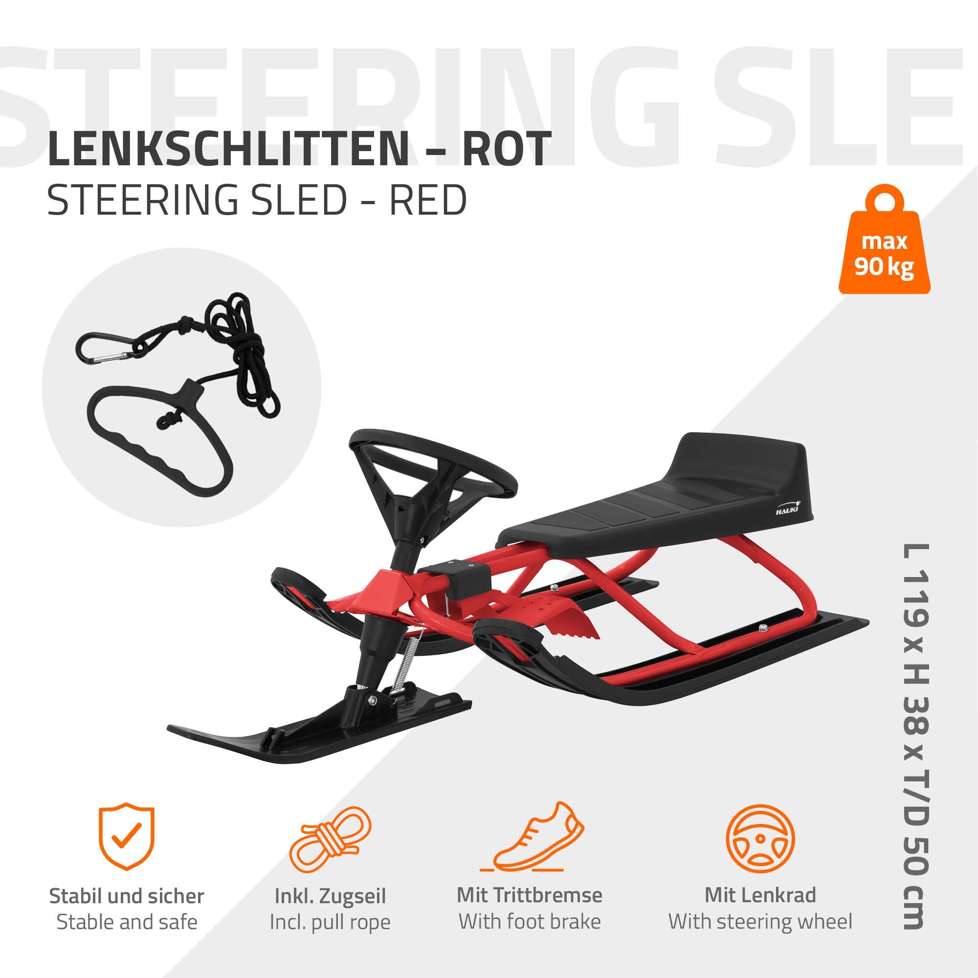ECD Germany Kinder luge directionnelle rouge avec frein